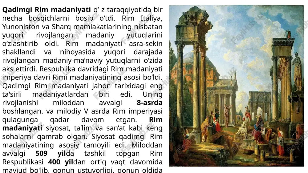 l.avv. 170–90-yillar) o‘z tragediyalarini yaratish uchun buyuk yunon dramaturglarining asarlaridan foydalandilar. 10 rimda keng tarqalgan adabiy janr satira (she’r, masal, latifa va dialoglar aralashmasi) edi. vaqt o‘tishi bilan u bizga yaxshi tanish bo‘lgan satiraga aylandi. birinchi rim satirigi gay lusiliy (mil.avv. 180–102-yillar) 30 kitobdan iborat satiralar to‘plamini yaratdi. lotin prozasining ilk namunalaridan biri mark porsiy katon kattaning (mil.avv. 234–249-yillar) «dehqonchilik to‘g‘risida» nomli asari edi. uning 7 jildli rimning qadimgi davrlaridan ii puni urushigacha bo‘lgan tarixi yoritilgan kitobi, tibbiyot bo‘yicha traktatlari, notiqlik san’atiga bag‘ishlangan asarlari, 150 ta nutqlari bizgacha yetib kelmagan. so‘nggi respublika davrining lotin poeziyasi tit lukretsiy kar (mil.avv. 95–51-yillar) va gay valeriy katull (mil.avv. 87–54-yillar) kabi taniqli vakillari bilan mashhur. 11 me’morchilik va haykaltaroshlik. rim me’morchiligi va haykaltaroshligi yunon va etrusklarning kuchli ta’siri ostida rivojlandi. rimliklar etrusklardan qurilish texnikasining ba’zi usullarini o‘zlashtirib oldilar. mil.avv. 312-yilda senzor appiy klavdiy seka davrida, rimliklar ilk bor tosh to‘shalgan appiy yo‘lini qurdilar. odatda, …
