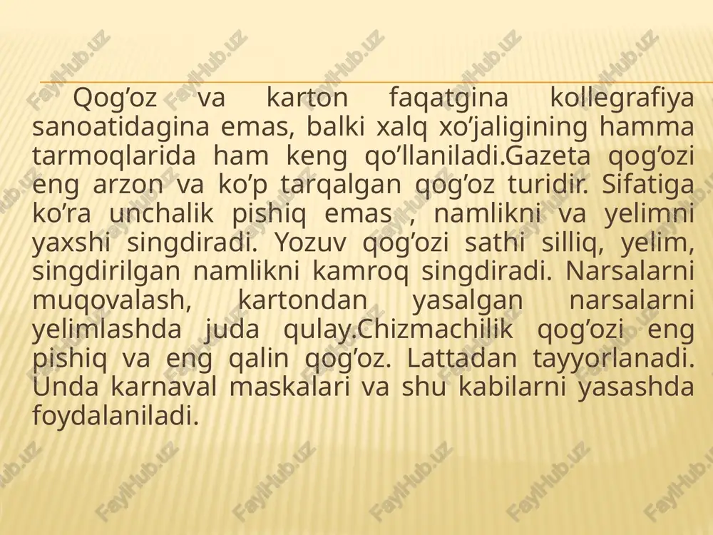 likdan olinuvchi materiallar tolali tuzilishga ega. ular katta yoki kichik, uzunlik, qalinlik, egiluvchanlik va turli mustahkamlikka ega bo`lgan o’simlik tolalaridan tayyorlanadi. o`qituvchi o`quvchilarga gazlamalar oddiy paxta, zig`ir yoki kanop, yog`och yoki shox va shu kabilardan iborat ekanligini amalda ko`rsatadi. 3-rasm. o`simlikdan olinuvchi tolali materiallar: 1 – ip-gazlama paxta; 2 – zig`ir tola va zig`ir tolali ip; 3 – ip-gazlama ip; 4 – ip-gazlamalar; 5 – zig`ir toladan dasturxon iii va iv sinflarda o`quv buyumlari konstruktsiyasi, ularni tayyorlash usullari murakkablashtiriladi va shunga muvofiq texnologiya darslari da qo`llaniladigan qog`oz va karton turlari assortimenti ham kengayadi. har safar o`quvchilar o`z buyumlari uchun yangi turdagi qog`oz yoki karton tanlashida o`qituvchi materialning o`ziga xos xususiyatlari bilan bolalarni tanishtirish va bu xususiyatlar aniq bir buyum yoki uning detalini tayyorlash uchun qanchalik mos kelishini ko`rsatib o`tish imkoniyatini qo`ldan chiqarmaydi. masalan, darsda samolyot yoki planerning qog`oz modelini tayyorlashda bu buyum uchun qalin va tarang qog`oz olish zarurligini qayd …