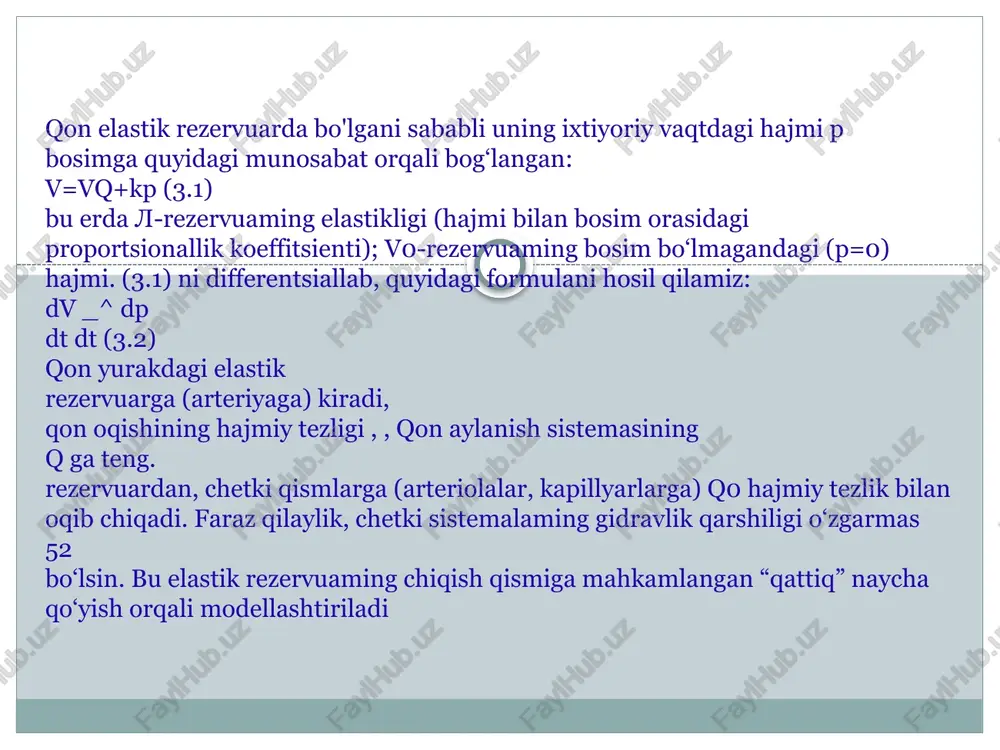 flyak tuguni, bo`lmalar bilan qorinchalar o`rtasidagi ashof-tovar tuguni hamda chap va o`ng qorincha orasidagi devorda joylashgan giss oyoqchalaridir. shu o`tkazuvchi sistema tufayli yurak tanadan ajratib olinganda ham ishlab turishi mumkin. bu tajribani a.a. kulyabko o`lgan bola yuragi ustida o`tkazgan. ya`ni, o`lgan bola yuragi bir sutkadan keyin maxsus suyuqlik ichiga solib qo`yilganda bir necha vaqt ishlab turgan. yurak o`tkazuvchi sistemasi orasida keyt-flyak tuguni eng yuqori qo`zg`aluvchanlikka ega. ashof- tovar tuguni va giss boylamlari esa unga nisbatan kuchsizroq qo`zg`aladi. buni quyidagi oddiy tajribada isbotlash mumkin. agar baqa yuragi olinib, uch qismga, ya`ni vena sinusi, bo`lmalar va qorinchaga bo`linib, fiziologik eritma maxsus idishga tashlansa, vena sinusi eng tez; bo`lmalar undan sekinroq, qorinchalar esa undan ham sekinroq qisqaradi. yurak avtomatizmini yuzaga keltiradigan impulslar o`tkazuvchi tugundagi hujayralarning membranasida paydo bo`ladigan potentsiallar ayirmasi tufayli ro`y beradi. yurak va qon tomirlaridan qonning doimiy ravishda harakat qilishi yurak ishining davrlari bilan belgilanadi. yurak bo`shashganida bo`lma va qorinchalarga qon …