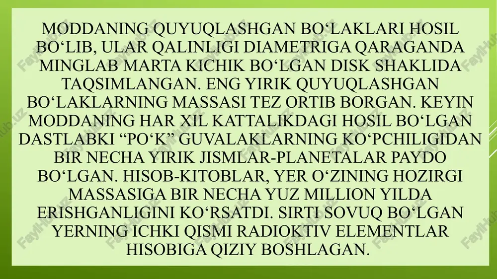 unon-rim mifologiyasidagi nomlardan biri - serrera deb atashdi. tezda boshqa kichik sayyoralar topildi va ularga pallada, vesta va yunona nomlari berildi. fotografiyaning qo‘llanilishi natijasida yorug‘ligi xira bo‘lgan asteroidlar ham kashf etila boshladi. hozirgi vaqtda 3000 dan ortiq asteroidlar ma’lum.milliardlab yillar davomida asteroidlar vaqti-vaqti bilan to‘qnashadilar. bir qator asteroidlar sharsimon bo‘lmay, aniq shaklga ega emasligi ana shunday xulosaga olib keladi. asteroidlarning umumiy massasi, yer massasining atigi 0,1 qismiga to‘g‘ri keladi. kometalar (dumli yulduz) fazoda quyoshdan uzoqda joylashib, markazlarida yadrosi bo‘lgan juda xira tumanli oqish dog‘lar shaklida ko‘rinadi. faqat quyoshga nisbatan yaqinlashib o‘tadigan kometalargina juda yorug‘ va “dumli” bo‘lib ko‘rinadi. shuningdek, kometaning yerdan qanday ko‘rinishi ungacha bo‘lgan masofaga, uning quyoshdan burchak uzoqligiga, ayni paytda oyning yorug‘ligiga va shunga o‘xshash omillarga bog‘liq bo‘ladi. katta kometalar - uzun oq dumli tumanliklar - qadimda turli baxsizliklar, urushlar va shu kabi falokatlarning xabarchilari deb hisoblangan. chor rossiyasida, hatto 1910 yilda ham “kometa qiyofasidagi xudoning g‘azabini” qaytarish …