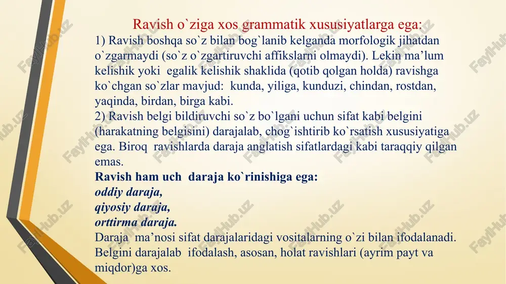 ydi. miqdor ravishi qancha? so`rog`iga javob berib, ularga ko`p, mo`l, kam, bir oz, sal, picha, xiyol kabilar kiradi. daraja ravishi daraja tushunchasini anglatib, harakat-holatning bajarilish darajasini ko`rsatadi. ba’zan daraja ravishlari sifat va ravishning o`ziga bog`lanib kelib, belgi ma’nosini kuchaytirib keladi. bu ravishlar qay darajada? so`rog`iga javob berib, ularga g`oyat, nihoyatda, obdon, o`ta, aslo, sira kabilar kiradi. daraja ravishlari belgi ma’nosini kuchaytirishiga ko`ra (juda, g`oyat) sifat va ravishlarning orttirma darajasini hosil qiladigan element sifatida ham qatnashadi. miqdor-daraja ravishlari, asosan, miqdor-daraja holi, ba’zan kesim vazifasini bajaradi: mo`l-ko`l nur to`kar, ko`kdan qadrdon quyoshimiz (e.vohidov). biroq ko`zgu shunaqangi xira ediki, o`zimning yuzimni zo`rg`a ko`rardim (o`.h.). miqdor-daraja ravishi predmetning belgisini bildirib, sifatlovchi-aniqlovchi vazifasida ham keladi: ko`p gap quloqqa yoqmas (maqol). sabab ravishi. sabab ravishi ish-harakatning bajarilish sababini anglatadi. sabab ravishi nega? nima uchun? nima sababdan? kabi so`roqlarga javob bo`ladi va ularga noiloj, noilojlikdan, chorasiz, chorasizlikdan kabi ravishlar kiradi. sabab ravishi, asosan, sabab holi vazifasini bajaradi: …