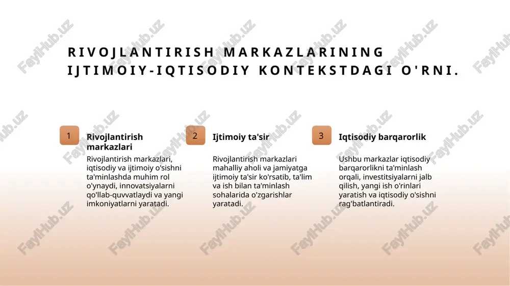 - kelajak" loyihasi orqali zamonaviy texnologiyalarni joriy etishni maqsad qilmoqda. 02 texnologiyalarni rivojlantirish "digital uzbekistan 2030" dasturi doirasida raqamli texnologiyalarni rivojlantirish, ta'lim va iqtisodiyot sohalarida muhim o'zgarishlarni keltirib chiqarmoqda. 03 ta'limda innovatsiyalar o'zbekistonda ta'limda innovatsiyalarni joriy etish uchun "smart education" platformasi ishlab chiqilgan bo'lib, bu o'quv jarayonini yanada interaktiv qiladi. ta'lim va texnologiyalarda innovatsiyalarni rivojlantirishdagi strategiyalar. ta'limdagi innovatsiyalar ta'lim jarayonida innovatsiyalarni joriy etish, pedagogik metodlarni takomillashtirish va o'quvchilarning faol ishtirokini oshirishga yordam beradi. texnologik integratsiya ta'lim tizimida zamonaviy texnologiyalar, masalan, onlayn platformalar va interaktiv vositalar orqali o'quv jarayonini yanada samarali qilish mumkin. innovatsion loyihalar ta'lim va texnologiya sohalarida innovatsion loyihalar, masalan, stem ta'limi orqali o'quvchilarning kreativ fikrlash qobiliyatini rivojlantiradi. maktab va universitet hamkorligi maktablar va universitetlar o'rtasida hamkorlik, ilmiy tadqiqotlar va amaliy tajribalarni birlashtirib, ta'lim jarayonini yanada boyitadi. xulosa 01 rivojlantirish markazlari ahamiyati rivojlantirish markazlari iqtisodiy o'sish va innovatsiyalarni rag'batlantirishda muhim rol o'ynaydi, bu esa jamiyat rivojida katta ta'sir ko'rsatadi. …