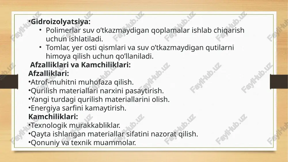 rent and emerging technologies” by g. d. sharma: turli xil barqaror qurilish materiallari, jumladan qayta ishlangan polimerlar haqida ma’lumot beradi. “polymer composites in construction: materials, properties and applications” by s. p. shah: polimer kompozitlarining xususiyatlari va qurilishdagi qo’llanilishi haqida batafsil ma’lumot beradi. “waste plastic for construction: recycling and applications” by a. k. mittal: plastik chiqindilarni qayta ishlash va qurilishda qo’llash bo’yicha ko’plab misol va tahlillar beradi. “journal of cleaner production”: bu jurnal atrof-muhit himoyasi va qayta ishlashga oid ilmiy tadqiqotlarni nashr etadi. qayta ishlangan polimerlar va qurilish materiallari haqida ko’plab maqolalar topishingiz mumkin. image3.png image4.png /docprops/thumbnail.jpeg polimer chigindilardan queilish materiallariishlab chigarish