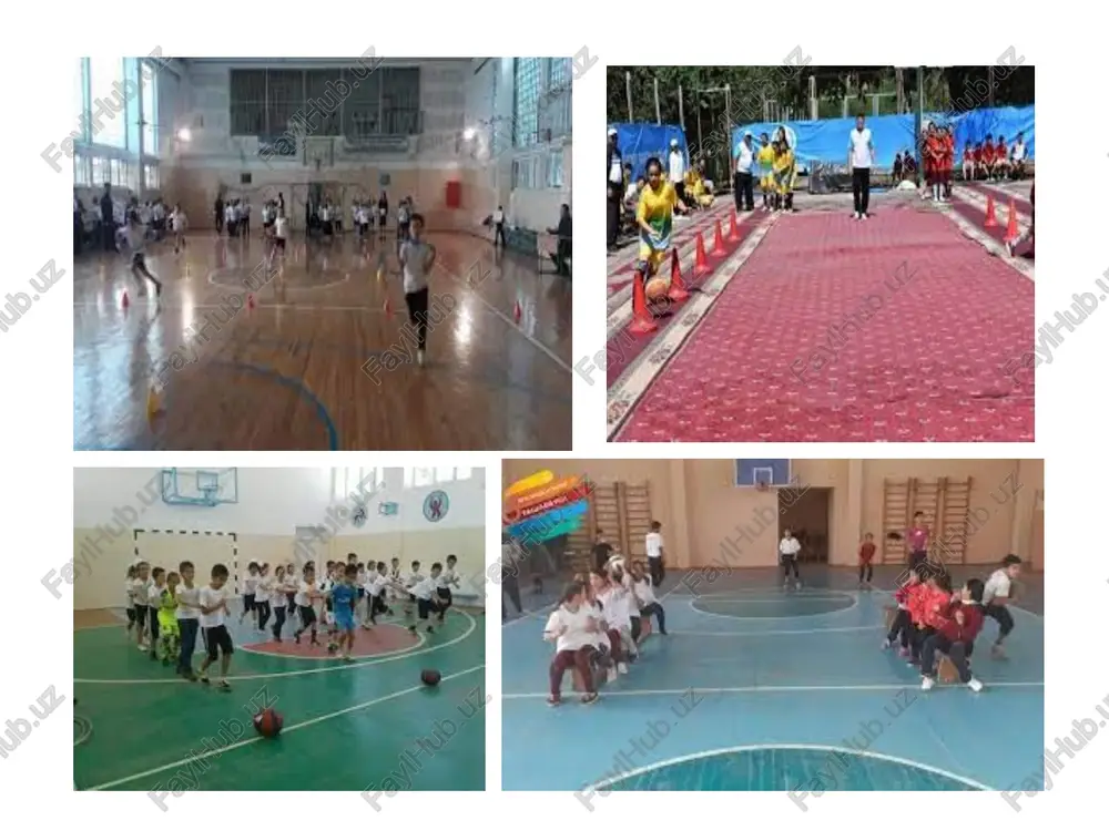 zlari tanlagani maqul.(mazmuni, o‘tish joyi, takrorlash soni aniq belgilanadi). mehnat topshirig‘i bilan sayrga chiqishlar–futbol maydonini tozalash, daraxtlar o‘tqazish, sport sayiri yugurish, sakrash, uloqtirish, va boshqa sport turlari bo‘yicha oddiy musobaqalarni o‘z ichiga oladi. sinfdan tashqari ishlar. dasturning ushbu qismi jismoniy tarbiyaning sinifdan tashqari shakli mazmunini birlashtiradi. sinfdan tashqari mashg‘ulot shakllariga quydagilar kiradi: gigenik gimnastika, chiniqtirish, salomatlik daqiqalari, xarakatlar uchun tanaffus, sayr qilish. kuni uzaytirilgan guruxlar uchun jismoniy tarbiya, soati, sport to‘garaklari, salomatlik va sprot turlari, jismoniy tarbiya bayramlari, sog‘lomlashtirish oromgoxlari, sport turlari bo‘yicha maktab seksiyalari, maktab sport musobaqalari va davlat ta’lim standartlariga topshiriqlari ko‘rinishlarini o‘z ichiga oladi. sport musoboqalari. maktab sport musoboqalrini o‘tkazilishi sinfdan tashqari maktabning ommaviy sport tadbirlari xaqidagi kalendar ish rejasiga muvofiq va maktab raxbarlarining nazoratida olib boriladi. maktabning ichki musobaqalari darslar aro, guruxlar aro, o‘tkaziladi. bundan tashqari musoboqalar shaxsiy birinchilik uchun xam o‘tkaziladi. (yuguruvchilar kuni, sakrovchilar kuni, turnikka tortiluvchilar kuni, va boshqalar). mumkin. o‘qituvchilar kuniga mustaqillik kuniga, …