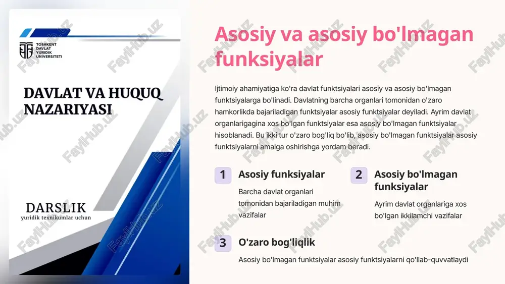 i o'z ichiga oladi. tartibga soluvchi funktsiyalar esa mavjud ijtimoiy munosabatlarni rivojlantirishga yo'naltirilgan faoliyatdir. himoya funksiyalari fuqarolar huquqlarini himoya qilish davlat xavfsizligini ta'minlash atrof-muhitni muhofaza qilish tartibga soluvchi funksiyalar iqtisodiy munosabatlarni rivojlantirish ijtimoiy sohani takomillashtirish madaniy va ma'naviy sohani qo'llab-quvvatlash 12 hokimiyatlar bo'linishi tamoyili asosidagi funktsiyalar hokimiyatlar bo'linishi tamoyilidan kelib chiqqan holda davlat funktsiyalari qonun chiqarish (qonun ijodkorligi), ijro etuvchi (boshqaruvchi) va sud hokimiyatlariga bo'linadi. qonun chiqarish funktsiyasi normativ-huquqiy hujjatlarni ishlab chiqish va qabul qilishni o'z ichiga oladi. ijro etuvchi funksiya qabul qilingan qonunlarni hayotga tatbiq etish va davlat boshqaruvini amalga oshirishga qaratilgan. sud hokimiyati esa odil sudlovni amalga oshirish va huquqiy nizolarni hal etish vazifasini bajaradi. qonun chiqarish normativ-huquqiy hujjatlarni ishlab chiqish va qabul qilish ijro etuvchi qonunlarni hayotga tatbiq etish va davlat boshqaruvini amalga oshirish sud hokimiyati odil sudlovni amalga oshirish va huquqiy nizolarni hal etish 13 ma'nosiga qarab funksiyalarni tasniflash davlat funktsiyalari ma'nosiga qarab asosiy va asosiy …