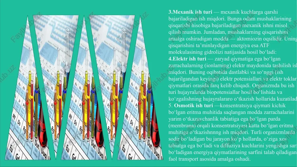 qiymatini amaliy jixatdan topib bo‘lmaydi. shu sababli uning qiymati biror-bir jarayon amalga oshgandan keyingi (u2) va dastlabki (u1) ichki energiya qiymatlari orasida farq sifatida aniqlanadi: δuichki=u2 — u1 agar biror-bir sistemaga ma’lum miqdorda issiqlik (q) berilsa bu holda q sistemaning ichki energiyasining ortishiga (δuichki ) va tashqi kuchlarga qarshi ish (a) bajarishga sarf bo‘ladi. q = δuichki +a. bu tenglama issiqlik o‘zgarishini ifodalaydi (energiya saqlanish qonunining ifodasi bo‘lib) va termodinamika birinchi qonunining matematik ifodasi hisoblanadi. har qanday makroskopik sistemalar doimiy miqdordagi energiyaga ega bo‘ladi va bu energiyalar bir turdan ikkinchi turga o‘ta olishi mumkin xolos. energiya miqdori sistemaning tashqi muhit bilan energiya almashinuvi (energiya qabul qilishi yoki yo‘qotishi) hisobigagina o‘zgarishi mumkin. bu qonundan quyidagi ikki postulat kelib chiqadi: 1- postulat. hech qaerdan energiya olmasdan doimiy ravishda ishlovchi mashinani yaratib bo`lmaydi, ya`ni birinchi turdagi abadiy dvigatel bo‘lishi mumkin emas. 2-postulat. energiya o‘z-o‘zidan yo‘q yoki paydo bo‘lmaydi, balki bir turdan ikkinchi turga …