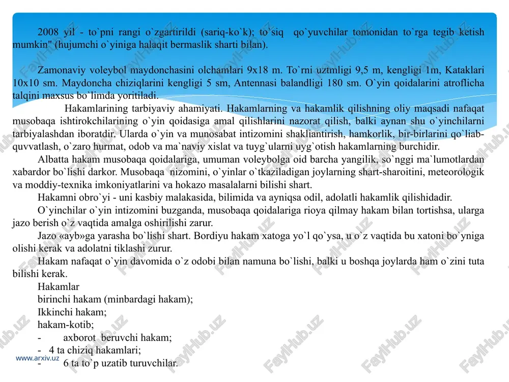 zadagi harakatlar gavdaning muvozanatini saqlash maqsadida so`nib boradi yoki keskin tormozlanadi. voleybol juda dinarnik o`yin bo`lganligi sababli voleybolni turii texnik usullarni egallashi, o`yin vaziyatidan kelib chiqqan holda ularni tanlay olishi va uni tez, aniq bajarishi lozim. bu esa o`yinchining texnik mahoratini belgilaydi. yuqori texnik mahorat belgilari quyidagilarda ifodalanadi: harakat usullarining aniq va sarnarali bajarilishi; halal beruvchi omillar (charchash, psixologik keskinlik, tashqi sharoltning salbiy ta`siriari va boshqalar) mavjudligida harakatlarning bajarilish barqaroriigi; raqib harakatlariga qarab javob harakatlarini tanlash, ularni qayta qurish va bunda harakat qismlarini boshqara olish; usullarning bajarilish ishonchliligi. voleybol rivojlanishining har xil davriarida texnik harakatlarni bajarish usullari, talablari, shakli, mazmuni o`zgardi va takomillashlb bordi. texnik usullarning o`zgarishiga o`yin qoidalarining o`zgarishi, taktik harakaflarning takomillashuvi, o`yinchilar jismoniy tayyorgarlik darajasining o`sib borishi asosiy sabab bo`ldi. hujum va himoyadagi o`yin dinarnikasining o`sishi, harakatlar potensialining oshib borishi, hujum va himoyadagi kombinatsiyalar arsenalining kengayishi ham texnik usullarni yangilashga yoki qayta qurishga turtki bo`ldi. shunday bo`lsada, o`yin …