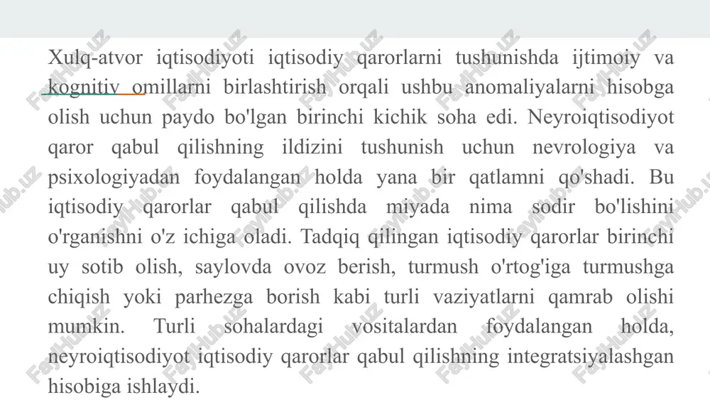 antlar orasidan bitta tanlovni amalga oshirishi kerak bo'lgan holatlar bilan bog'liq. iqtisodiyotning mavjud neoklassik modellari insonning ayrim xatti-harakatlarini, jumladan, ma'lum iqtisodiy qarorlarni tushuntirib bera olmaydi. neyroiqtisodiyot iqtisodiy qarorlarni qabul qilishda ijtimoiy, kognitiv va hissiy omillarni hisobga olgan holda iqtisodiy nazariyalarning aniqligini oshirish imkoniyatiga ega. 3. mukofotga asoslangan qaror qabul qilish insonlar har kuni “mukofot” bo’yicha ko’p tanlovli savollarga duch keladi va ularni hal qiladi. masalan, moliyaviy daromad va oziq-ovqat tanlovi. qaror qabul qilish jarayonida inson miyasi qanday ishlaydi? ushbu savolga neyroiqtisodiyot fani javob beradi. neyrologiya sohasi neyrologiya sohasida ko’plab tadqiqotchilar hayvonlar va insonlarda mukofot tizimi hamda qaror qabul qilish mexanizmini o’rganganlar. so’nggi paytlarda mexanizmni ochish uchun eksperimental usullarda miyaning matematik modelining taxminini o’rganuvchi hisoblash-nazariy yondashuv ko’proq qo’llaniladi. bugungi kunda miya uchun hech qanday jarrohlik operatsiyasini talab qilmaydigan funktsional magnit-rezonans tomografiya (functional magnetic resonance imaging – fmri) kabi o’lchash usullarini ishlab chiqish natijasida murakkab vazifalarni hal qilish bilan shug’ullanadigan inson miyasining …