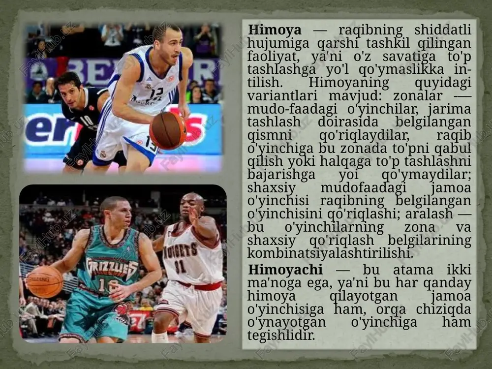 kurash, raqibni qo'riqlash va boshqalar kiradi. probejka yoki to'p bilan yugurish. o'yinchi to'pni olib yurishni boshlab, to'pni qo'lidan chiqarmaguncha u o'ng oyog'ini poldan (maydondan) ko'tarishga haqi yocq. o'yinchi harakatda to'pni olib qo'lida to'p bilan ikki qadamdan ortiq yurish qila olmaydi, bu yoki u vaziyatda qoidani buzish probejka sifatida qayd qilinadi va to'p boshqa jamoaga beriladi. o'tish — o'yinchining to'psiz va to'p bilan harakatlanishi. chalishtirma o'tish deb, hujumchilarning guruhli o'zaro faoliyatiga aytiladi, bunda ikki o'yinchi har tomondan sherigi yonidan to'p bilan o'tadi. o'yinning taktik chizmasida o'yinchining harakat yo'li yoppasiga ingichka chiziqda belgilanadi. raqib — raqib jamoa o'yinchisi. o'yinchining turishi — foydali turish, o'yin faoliyatiga eng yaxshi tayyorgarlikni ta'minlaydi. taym-aut — inglizcha so'z bo'lib, musobaqa qoidasiga ko'ra jamoalar olishi mumkin bo'lgan daqiqali tanaffusdir. fint — inglizcha so'z bo'lib, aldamchi yoki chalg'ituvchi harakatdir. fint o'yinchining harakat yo'lini ko'rsatuvchi ilonizi chiziq bilan belgilanadi. fol — inglizcha so'z bo'lib, boshqa jamoa o'yinchisi bilan yaqinlashish paytidagi …