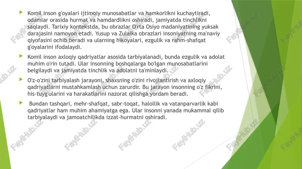 'u biligda, ezgulik sifatida mehr-muhabbat, rahm-shafqat va adolat ko'rsatiladi. bu jihatlar insoniy qadriyatlarning muhim qismlarini tashkil etadi. komil inson – bu axloqiy qadriyat va ezgulik g'oyalarini o'zida mujassam etgan, shaxsiy va ijtimoiy manfaatlarni birlashtirgan shaxsdir. u samimiyat, adolat va rahm-shafqat kabi xususiyatlarga ega bo'lishi lozim. ezgulik g'oyalari komil insonning shakllanishida muhim rol o'ynaydi: 1. axloqiy mas'uliyatni oshiradi. 2. boshqalar bilan munosabatlarda mehr-muruvvatni kuchaytiradi. 3. o'zini rivojlantirish va o'zini anglashga yordam beradi. qutadg'u biligda ezgulik g'oyalari komil insonni yaratishda muhim ahamiyatga ega. ular insonni mukammal qilishi va jamiyatda ijobiy o'zgarishlarga olib kelishi uchun zarur. adolat g'oyasi: adolat, qutadg'u bilig asarida, har bir insonning huquqlarini himoya qilish va tenglikni ta'minlashga qaratilgan. bu g'oya, jamiyatda tinchlik va barqarorlikni saqlash uchun zarurdir. burch va mas'uliyat: burch va mas'uliyat, qutadg'u biligda insonlarning o'z vazifalarini bajarishlari va boshqa insonlarga nisbatan mas'uliyatli bo'lishlarini ta'kidlaydi. bu g'oya, jamiyatda barqarorlik va o'zaro ishonchni mustahkamlashda muhim ahamiyatga ega. zamonaviy hayotda …