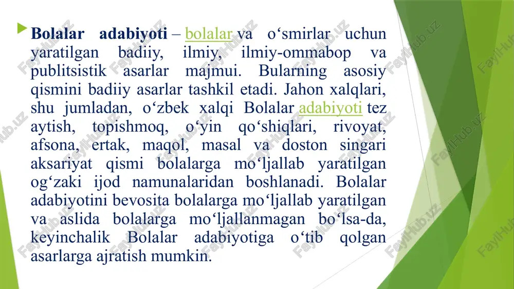 y tasvirning oʻziga xosligi bilan eʼtibor qozondi. 80-yillar bolalar adabiyoti da anvar obidjon, safar barnoyev, rauf tolipov, qambar utayev, hamza imonberdiyev va boshqa ijodkorlarning asarlari yosh avlodni eng yaxshi insoniy fazilatlar ruhida tarbiyalashga xizmat qilishi bilan eʼtiborga sazovor boʻldi. bolalar adabiyotida badiiylik bilan bir qatorda maʼrifiylik ham yetakchi oʻrin tutadi. chunki bolalar adabiyoti namunalari yoshlarni insoniy fazilatlar ruhida tarbiyalashga ham xizmat qiladi. barcha davrlar bolalar adabiyotining taraqqiyot tamoyillari, avvalo, maʼrifiylik va tarbiyaviylikda aks etadi. biroq bolalar adabiyoti rivojlanib borgani sari uning sof badiiyat unsurlarini egallashga intilishi va umumadabiyot taraqqiyot tamoyillari bilan hamkorligi ham koʻzga tashlanadi. jumladan, 20-asr boshlarida oʻzbek bolalar adabiyotida koʻproq maʼrifatparvarlik gʻoyalari yetakchilik qilsa, 30-yillar bolalar adabiyotida realistik adabiyot tamoyillari ustuvor, 50-60- yillar bolalar adabiyoti da sarguzasht fantastik adabiyot elementlari kuchaydi. 80-yillar bolalar adabiyotida psixologizmning kuchayishi, yosh qahramon talqinida uni yosh bola tarzida emas, hayotga tobora jadal kirib kelayotgan, oʻz qarashlariga ega boʻlgan shaxs sifatida tasvirlashga intilish ruhi …