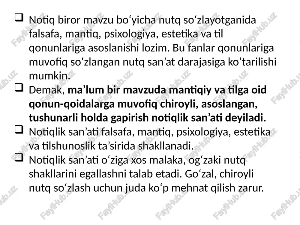 gapiraman deb xudoga qasam ichaman» va boshqalar. davlat ahamiyatidagi tadbirlarda, xususan, «xersones ishi to‘g‘risida»gi nutqida u o‘zini eng oldingi saflarda bo‘lish istagini xudo nomi bilan so‘rashdan boshlagan. ba’zan auditoriyani ham zevs nomi bilan qasam ichishga chaqirgan. notiqlikning turlari va tarkibi taniqli rus notiqlaridan a. f. konining notiqlik va so‘zamollikning bir xil tushuncha emasligi haqidagi fikrini keltirish joiz. uning fikricha, «so‘zamollik» insonga tabiatan berilgan bo‘lib, so‘zlarni o‘z o‘rniga qo‘yib chiroyli gapirish, odamlarga ta’sir qila olish, ularni biror g‘oyaga ergashtira olish kabi qobiliyatlarida namoyon bo‘lar ekan. notiqlik san’ati esa savodli, ishonarli, mantiqan fikrlashda namoyon bo‘lib, bu darajaga inson ko‘p izlanishlar, bilim va tajribalar asosida erishadi. notiqlikning bir qancha turlarini birlashtira oluvchi nutq turkumiga ko‘ra notiqlik turlari: nutq turkumlari nutq turlari 1. ijtimoiy-siyosiy notiqlik ijtimoiy-siyosiy nutq hisobot nutqi (konf., majlislarda) siyosiy nutq sharhlar (xalqaro obzor) miting nutqi tashviqot nutqi 2. akademik notiqlik ilmiy nutq ilmiy axborot -oliy va o‘rta maxsus o‘quv yurtlardagi ma’ruzalar …