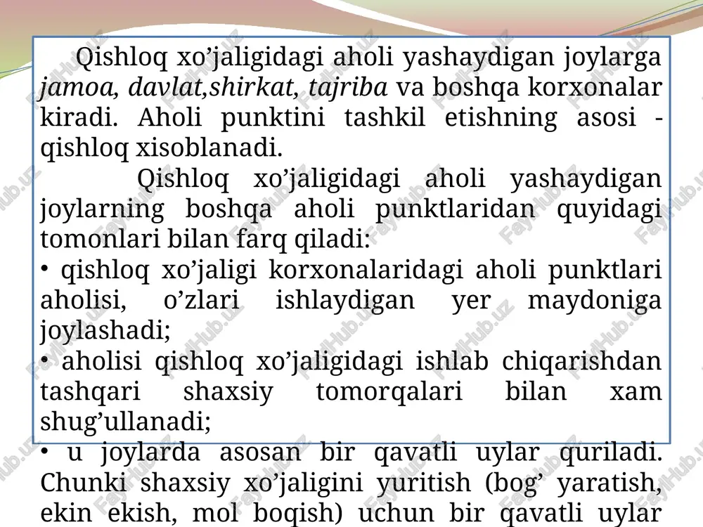 qalari kuchsiz rivojlangan, aholi yashash joylari bir-biridan ajralgan holda holi rivojlanadi, funktsional aloqalar kuchsiz va turg’un emas. aholi yashash joylarining guruhli tizimida (agt) esa, ular guruh tashkil etadilar. bir-birlari bilan rivojlangan kommunikatsiya turi va turg’un funktsional aloqalar bilan bog’langandir. bu bir-birlari bilan rivojlangan hududiy ishlab chiqarish aloqalari, umumiy muhandislik infrastrukturali, ijtimoiy-madaniy, xizmat ko’rsatish markazlarining yaxlit turi bilan birlashgan, turli kattalikdagi xalq xo’jaligi sohasidagi shahar va qishloq aholi yashash joylarining majmuasidir. aholi joylashishiga ta’sir ko’rsatuvchi asosiy omillar quyidagilar: iqlim, tuproq va gidrogeologik sharoit; sanoat ishlab chiqarishi uchun baza hisoblangan foydali qazilmalar va yoqilg’i-energetika resurslari; transport kommunikatsiyalarining rivojlanishini belgilab boruvchi tabiiy shakl. insonlar hayoti va mehnatiga ta’sir etuvchi tabiiy iqlim omillari katta ahamiyat kasb etadi (harorat, shamol va namlik, ichimlik suvi bilan ta’minlanganlik, yer relefi, qurilishning geologik sharoitlari, seysmik holat, abadiy muzlik, sel, zamin cho’kuvchanligi va hokazolar). aholi yashash joylarining guruhli sitemasini loyihalash metodikasi. 1 – funktsional model; 2 – hududni baholash; …