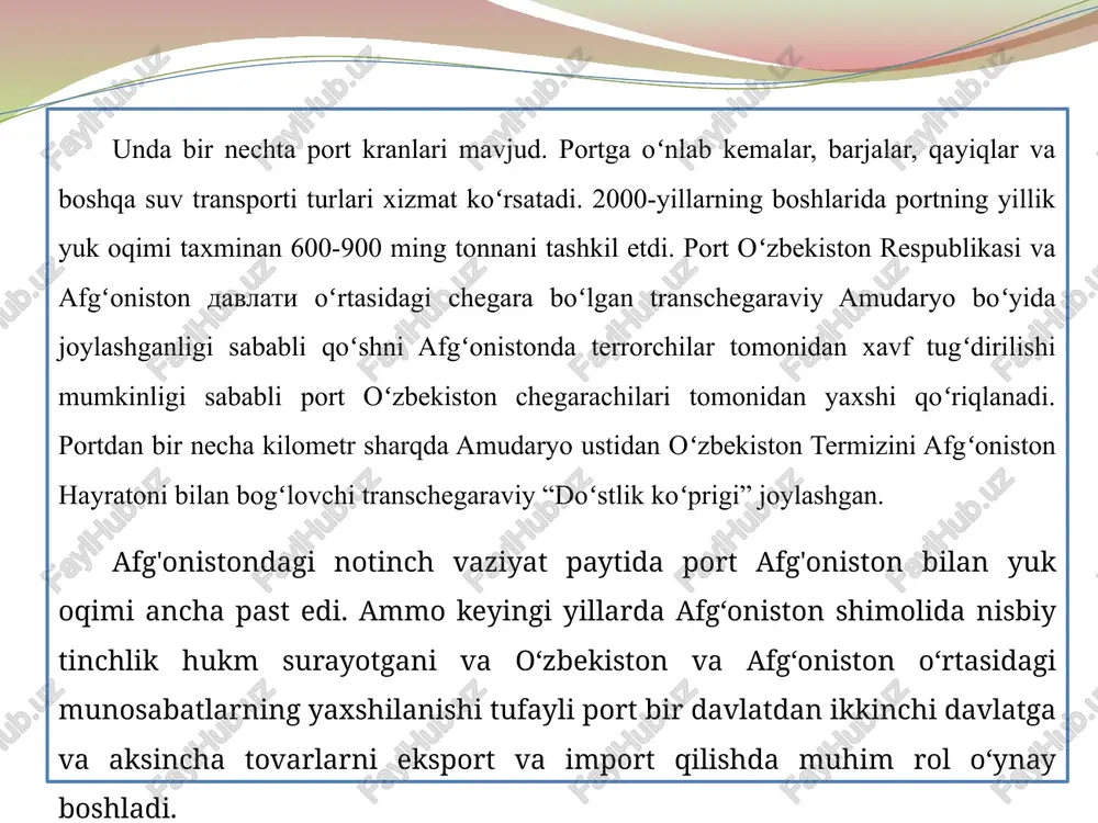 dan kam bo'lmagan, rekreatsion zonadan 300 metr va yashash joylaridan 50 metrdan kam bo'lmagan chegara masofasida joylashishi kerak. kemalar turadigan baza (inshoot) aholi ommaviy dam olish maskanlari (plyaj), kemalar suzishi ta'qiqlangan joylarni ko'rsatuvchi navigatsiya belgilari bilan jihozlangan bo'lishi, ma'lumot beruvchi belgilar (taqiqlovchi, ogohlantiruvchi, yozuvli) bilan ta'minlanishi lozim. tegishli belgilar kemalar turadigan baza (inshoot) egasi tomonidan o'rnatiladi va qatnov davri boshlanishidan avval hududiy boshqarmalar tomonidan ko'rikdan o'tkaziladi. kema turadigan baza (inshoot) hududi yong'in xavfsizligi, sanitariya-epidemiologik va ekologik talablarga javob berishi lozim. kemalardan va ular turadigan bazalardan (inshootlardan) foydalanishni tashkil etish maqsadida quyidagi nazorat tadbirlari amalga oshiriladi: kemalarni ro'yxatdan va texnik ko'rikdan o'tkazish qoidalari, shuningdek, kemalar va ular turadigan bazalardan (inshootlardan) foydalanish qoidalari buzilishining oldini olish, aniqlash va bartaraf etish; suv ob'ektlarida kemalardan va ular turadigan bazalardan (inshootlardan) foydalanishda fuqarolarning xavfsizligini ta'minlash. magistral quvur o’tkazgichlar va suv transporti suv o’tkazuvchi quvurlar va ularning elementlari.suv o’tkazuvchi quvurlar oddiy suv o’tkazuvchi inshootlar bo’lib, kam …