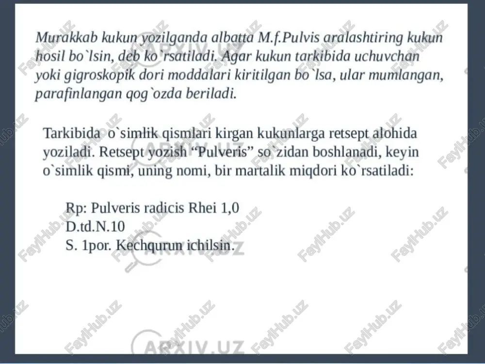 . kechqurun ichilsin: tabletkalar * tabletka so’zi lotincha “tabuletta” “taxtakachlangan” degan ma’noni anglatadi. qisqacha tarixi ¢ birinchi bo’lib germaniyada 1874-yilda rozental tabletka holida foydalanishni taklif etgan. oddiy va murakkab tabletkalarni 2xil usulda yozish mumkin: ) tabletkalar hajmi ¢ tabletkalar ikki tomoni qabariq yoki hoshiyali bo’lishi mumkin.diametri 3mmdan 25 mmgacha ¢ 25 mmdan kattasi briket deb nomlanadi * ba’zilari qobiqli holda bo’ladi ¢ zaharli modda saqlovchi tabletkalar eozim bilan qgoplangan bo’ladi tabletka turlari retard i al durul i . 5 sublingvinal act mikrotabletkalar tabletkalani qabul gilinishi ¢ butunligicha gabul gilinishi * oldindan maydalab qabul qgilinadigan tablatkalar tabletkalarni saqlash quyoshdan namlikdan haroratdan o’tkir hidlardan kemiruvchilardan tabletka\sifatini aniglash yaroqli muddati nazorat qilinadi tashqi ko’rinishi saqlash goidalariga rioya qilinganligi transport qoidalariga roiya qilinganligi /docprops/thumbnail.jpeg *“kartak ba jommok aoph abhltarh