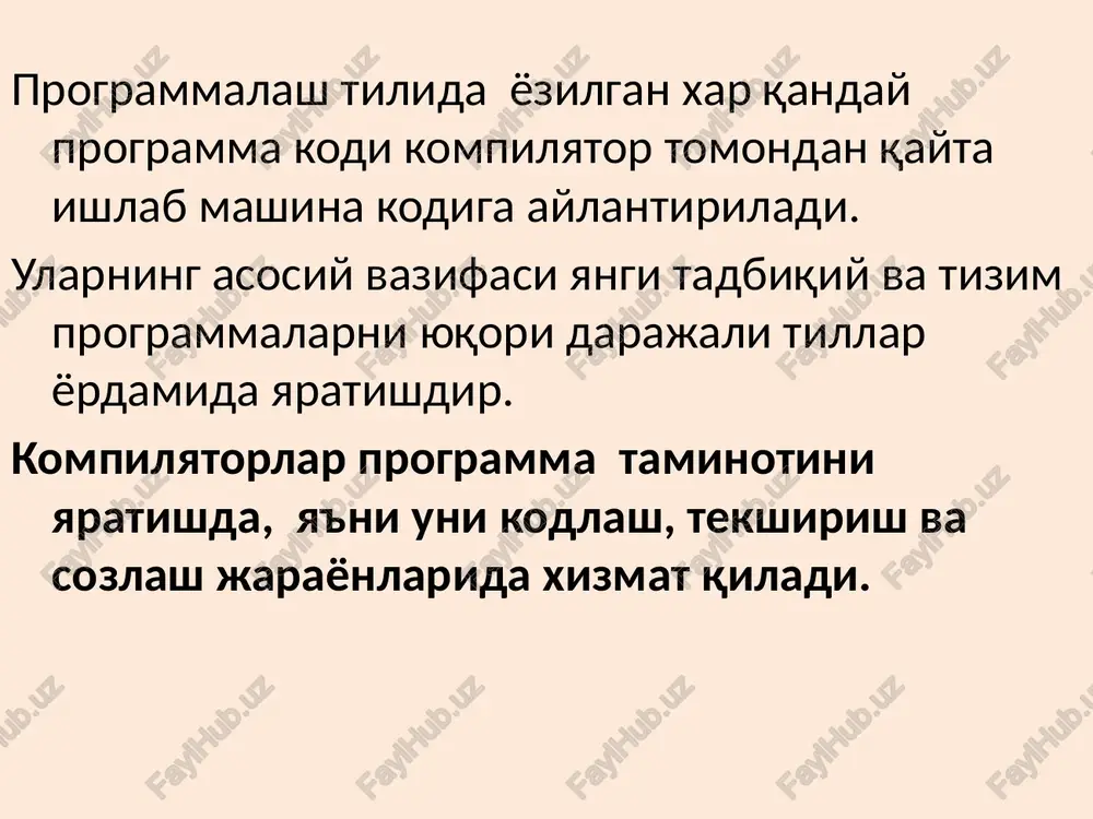 i fazada ishlatiladigan programmani ichki ko'rinishi xosil bo'ladi. bu faza uchta qismdan iborat: leksik tahlil, sintaktik va semantik tahlil. leksik taxlilchi (skaner). leksik tahlilni asosiy vazifasi – dastlabki programmani o'qib uni leksemalarga, ya'ni bo'linmas aloxida so'zlarga ajratib beradi. bunga kiruvchi sifatida programma matni bo'ladi chiquvchi ma'lumot kodlangan leksemalar ketma ketligi bo'lib chiqadi, u sintaksis taxlilchiga uzatiladi. programmalash tillarda leksema deb sonlar , identifikatorlar, hizmat so'zlar va ajratuvchilar kiradi. undan taqari kerak bo'lmagan belgilar (kommentariylar) olib tashlanadi. sintaktik (parsing (parsing) ) va semantik taxlilchilar. bu bosqichda programmani to'g'ri yozilganligi aniqlanadi, ya'ni til sintaktik konstruktsiyalarga mos kelishini taxlil qiladi. masalan shartli operator to'g'ri qetma ketlikda yozilganmi va x.o. semantik taxlil berilgan dastlabki programma semantika nuktayi nazarda to'g'ri ѐzilganligin aniqlaydi. masalan bir xil identifikatorlar e'lon qilin-madimi. o'zgaruvchi ishlatilishidan oldin e'lon qilindimi, fuktsiyalarning para -metrlari to'g'ri ishlatilayaptimi va xokazo. bular kontekst shartlarga kiradi. bu bosqich ishlash natijasida jadvallar-ga qo'shimcha ma'lumotlar yoziladi va programmani ichki …