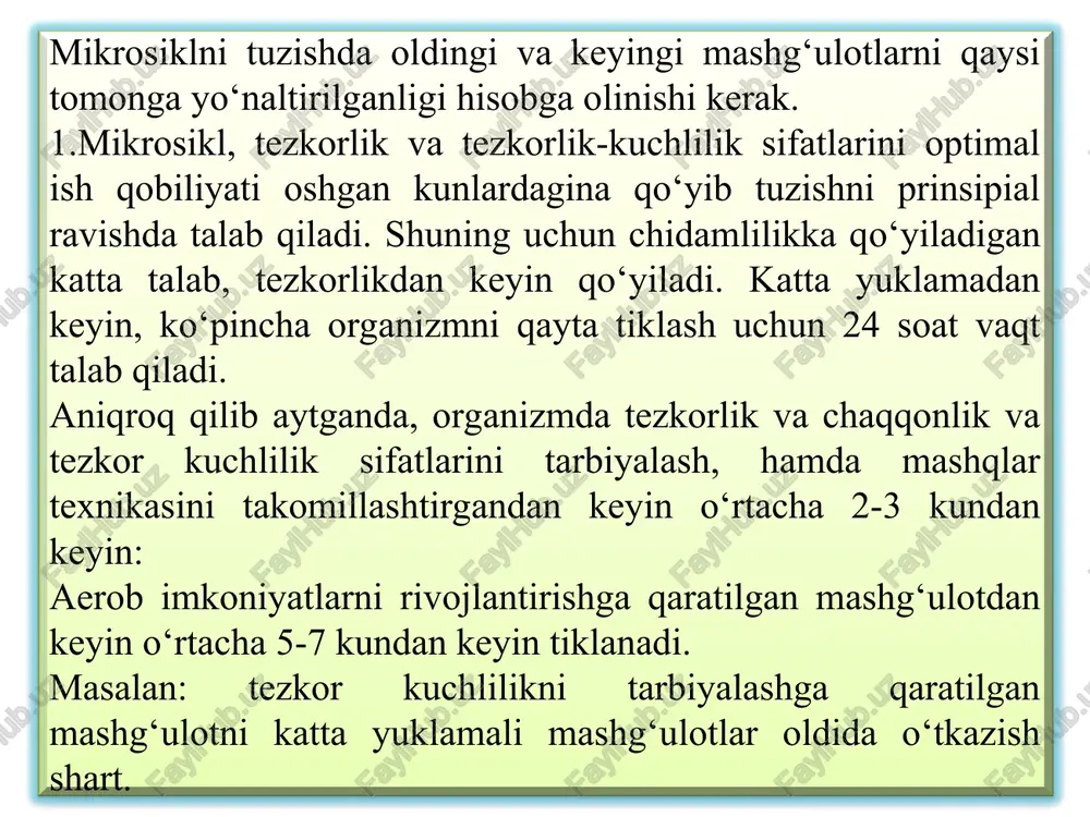 -taktika, va psixologik tayyorgarlikni takomillashtiriladi. mashg‘ulot dasturi-har xil bajarilishi bo‘yicha shiddatli mashg‘ulotlardan katta yuklamalardan foydalangan xolda tuziladi, tayyogarlik nazorati-mezosikllarida sportchini oldingi mezosikllarda erishgan imkoniyatlari sintez qilinadi yoki integral tayyorgarlik amalga oshiriladi. mashg‘ulot jarayonida ko‘pincha musobaqa va maxsus tayyorgarlik mashqlarini musobaqa sharoitiga maksimal ravishda yaqinlashtiriladi. musobaqa mezosikllarini soni va tuzilishi sport turini, sport taqvimini xususiyati, sportchining malakasi va tayyorgarlik darajasi bilan aniqlanadi. siklik xarakterdagi sport turlarida, asosiy musobaqalar ko‘pincha 1 oydan 2 oygacha davom etadi, bunda bir yoki ikkita musobaqa mezosikli ishlatiladi, sport o‘yinlarida asosiy musobaqalar 6-10 oy davom etadi. bu vaqt ichida 5-6 ta musobaqa mezosikli boshqa mezosikllar bilan almashtirilgan holda o‘tkazilishi mumkin. mikrosikl va mezosikllarni qo‘shib olib borish-mezosiklni oldiga qo‘yilgan vazifasiga qarab, uning ichiga vositalari va yo‘nalishi bo‘yicha, - tayyorgarlikni ayrim tomonlarini: - integral tayyorgarligini amalga oshirishni: - katta yuklamadan keyin o‘tadigan adaptatsiya jarayonini tiklanishiga sharoit yaratishni o‘z ichiga oladigan mikrosikllar kiradi. mikrosikllar ichida ko‘rganimizdek organizmning funksional imkoniyatlari tiklanishi …
