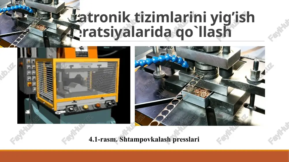 iborat. ma`lumotlar tahlil qilish va boshqarish uchun mikroprotsessorga yetkaziladi. bundan tashqari, bu ma`lumotlar (yoki ularning bir qismi) keyingi bosqichga, ya`ni, bir nechta stanoklar, robotlar va yordamchi mexatronik jihozlarni o`z ichiga olgan moslashuvchan ishlab chiqarish moduliga (michm) yuboriladi. 2.mexatronik qurilmalar moslashuvchan ishlab chiqarish tizimlari asosidir michm ning mikroehmi modulning har bir ob`ektidan ma`lumotlarni oladi, ularni hamkorlikdagi faoliyatini muvofiqlashtiradi, har biri uchun alohida boshqarish tizimini shakllantiradi hamda texnologik jarayonlarning borishi to`g’risida kerakli ma`lumotlarni tizimning keyingi bosqichiga yetkazadi (4.6-rasm). ba`zi bir modullar moslashuvchan avtomatlashtirilgan uchastkalar (mau) va moslashuvchan avtomatlashtirilgan texnologik tizimlarga (matt) biriktiriladi. uchastka va tizim pastki bosqichdan ma`lumotlarni, yuqori bosqichdan esa topshiriqlarni olib, ularni o`zining ehm yordamida avtomatlashgan tarzda solishtiradi hamda moslashuvchan ishlab chiqarish sistemasining quyi bosqichlariga topshiriq beradi. texnologik jarayon uchun topshiriqlar ehm xotirasiga avvaldan kiritib qo`yilgan bo`lib, ular tayyorlanadigan mahsulot turiga qarab o`zgartirishga moslashtirilgan. 2.mexatronik qurilmalar moslashuvchan ishlab chiqarish tizimlari asosidir mau va matt tarkibiga ishlab chiqariladigan mahsulot sifatini va …