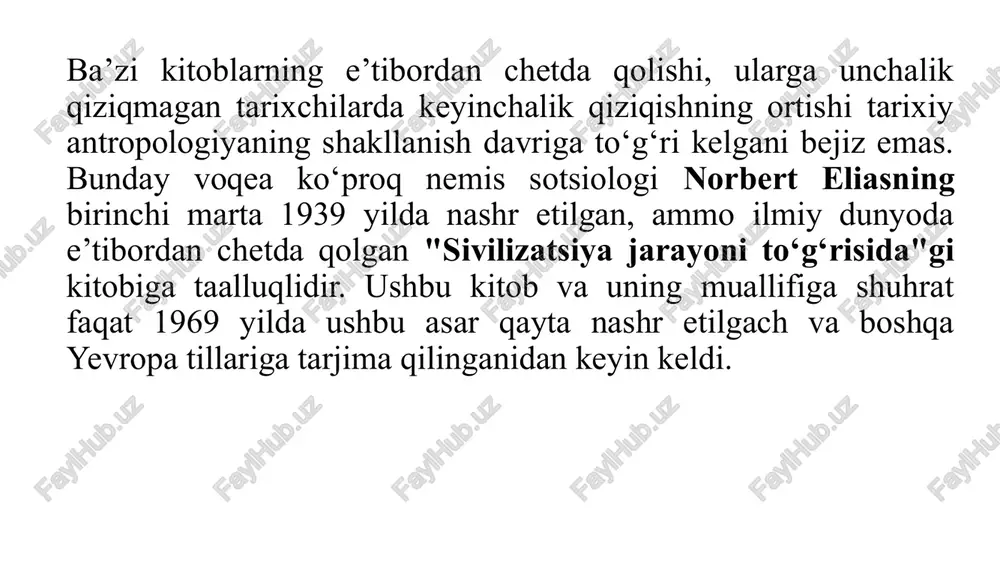 hayot sharoitlariga mos keladigan xulq-atvor strategiyasi shakllanadi. sotsiolog va etnolog per burdening bu g‘oyalari ham ijtimoiy fanlarning tarixiy antropologiyada keng yoyilishiga ta’sir etgan. tarixiy antropologiya faoliyatiga tarixchilar qanday qaraydilar. xx asrning 70-yillardan boshlab ijtimoiy fanlar vakillarining kontseptual qarashlari, tadqiqotlari ta’sirida "tarixiy antropologiya" nomi yanada kengaydi va yo‘nalishning shakllanishiga ta’sir etildi. bu davrga kelib tarixchilar boshqa ixtisoslik olimlari, birinchi navbatda antropologlarning asarlaridan nimani o‘rganish va qanday qilib ulardan foydalanish mumkinligi haqida gapira boshlaganlar. tarixiy materialni tahlil qilishda antropologiyadan olingan kontseptsiyalarni qo‘llash qanchalik samarali? bu savol mavhum boʻlib qolmasligi uchun, keling, aniq bir misolni koʻrib chiqaylik. amerikalik tarixchi robert darntonning “buyuk mushuk qirgʻini va fransiya madaniyati tarixidagi boshqa epizodlar” nomli kitobi (1984) tarixchilar orasida uzoq munozaralarga sabab bo‘lgan asardir. robert darnton (1939-yil 10-may nyu-yorkda tugʻilgan) — amerikalik tarixchi, yevropada, shuningdek, 18-asrda fransiyada noshirlik va kitob madaniyati tarixi boʻyicha mutaxassis bu kitobni yozish g‘oyasini muallif r. darntonning ta’kidlashicha klifford girtz bilan birga tarix …