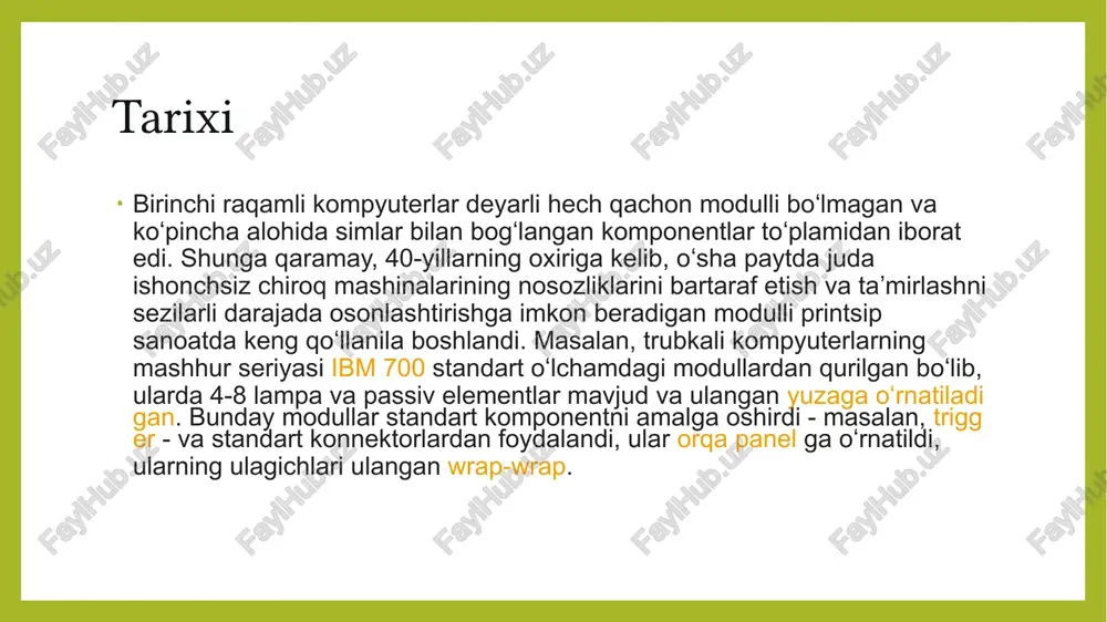 uchun mantiqiy darajalar va shuning uchun protsessorning kuchlanish kuchlanishi dastlab 3,3v ga, keyin esa undan ham pastroq - taxminan bir volt kuchlanishgacha tushirildi. bu past kuchlanish uchun anakartdagi protsessorga yaqin joylashgan ikkilamchi quvvat manbai (vrm, inglizcha: kuchlanish regulyatori moduli deb ataladi) kerak boʻladi. 1995-yildan beri isa standarti yanada rivojlangan pci shinasi bilan almashtirildi. biroq tez orada bu avtobusning oʻtkazish qobiliyati yuqori unumdor video kartalar uchun yetarli boʻlmay qoldi va buning uchun 1996-yilda bir vaqtning oʻzida ana platalarga oʻrnatilgan agp porti ishlab chiqildi. pci uyalar va baʼzan hatto isa bilan. 1990-yillarning oʻrtalariga kelib, at anakart standarti eskirgan va uning oʻrnini 1995-yilda ishlab chiqilgan yangi atx standarti egallashi kerak edi. biroq, uning shassisi va quvvat manbai at bilan mos kelmasligi sababli, at tipidagi platalar 1990-yillarning oxirigacha ishlab chiqarila boshlandi. yangi standart quvvat blokidagi quvvat manbai boshqaruv pinlarini oʻz ichiga oladi. shuningdek, korpusda qoʻshimcha ulagichlar uchun toʻrtburchaklar oyna boʻlishi kerak, u anakart bilan …