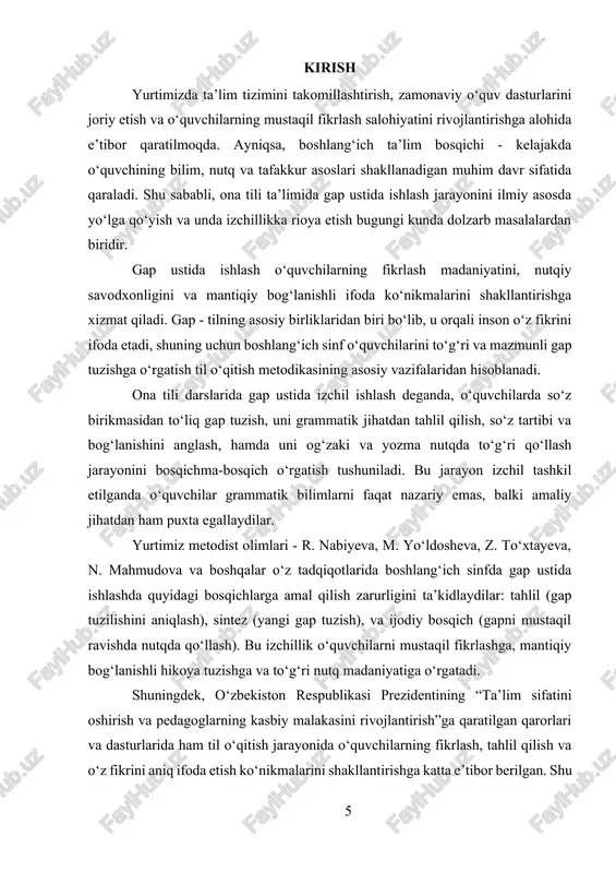 a emas, balki tilimizning so'z boyliklari orqali o'quvchilaming og'zaki va yozma nutqini o'stirish, ularda mustaqil fikrlash, o'z fikrini erkin va ravon bayon qila olish malakalarini shakllantirish muammolari birinchi planga chiqadi ana shunday mazmundagi ishlarga a.g'ulomov va b.qobilovaning "nutq o'stirish mashg'ulotlari o'qituvchilar uchun metodik qo'llanma" kitobini, sh. yusupovaning "ona tili ta'limi samaradorligini oshirishda ilg'or pedagogik texnologiyalami joriy etish (noan'anaviy usullar va komputerdan foydalanish)" mavzusidagi nomzodlik va "hozirgi o'zbek adabiy tili darslarida o'quvchilar tafakkurini o'stirishning ilmiy-metodik asoslari"3 kurs ishi mavzusining maqsadi: bu kurs ishida umumta'lim maktablarining ona tili va akademik litseylarning hozirgi o'zbek adabiy tili darslarida gaplarning ifoda maqsadiga ko'ra turlari mavzularini o'qitishning mazmuni shakli, vositalari va metodlarini, shu jarayonda o'quvchilarning og'zaki va yozma nutqini o'stirishga va ularda nutq madaniyatini shakllantirishga qaratilgan mashq va topshiriqlar tizimini ishlab chiqishdan iborat. kurs ishi mavzusining vazifalari: mazkur kurs ishining vazifalari vazifalari quyidagilardan iborat: -o'zbek tilida gaplarning ifoda maqsadiga ko'ra turlarini o'rganish, - badiiy matnda gaplarning …