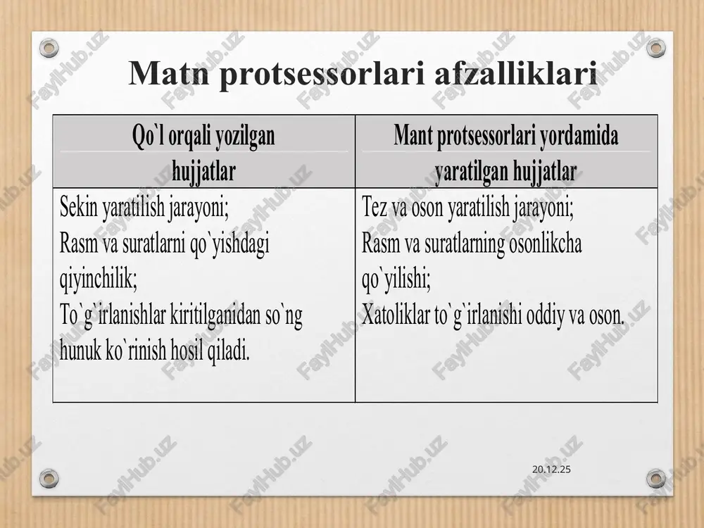 ikcha qo`yilishi; xatoliklar to`g`irlanishi oddiy va oson. ~ ¢ matnli rekdaktorlari asosiy tushunchasi va ishlash printsiplari. ) « ms office ms word, libre office writer, open office writer redaktorlarining taxlili. y ¢ matn redaktorlarida smart art, word art.) jadvallar, giper bog lanish va makroslar bilan amallar bajarish. y qo`l orqali yozilgan hujjatlar mant protsessorlari yordamida yaratilgan hujjatlar sekin yaratilish jarayoni; rasm va suratlarni qo`yishdagi qiyinchilik; to`g`irlanishlar kiritilganidan so`ng hunuk ko`rinish hosil qiladi. tez va oson yaratilish jarayoni; rasm va suratlarning osonlikcha qo`yilishi; xatoliklar to`g`irlanishi oddiy va oson. ‘windows update kg ee kavanar windows ccnpsexa h noaaepxxa @ boonie basepuienie ceanca first windows xp professional ob boknioute kohnbhoted, nyck 3anyck nporpanases ey score aeons 4 ecypca mtepneta, h windows orkpoet hx, orkpeime: | winword.exe ¥ . oxymentl - microsoft word - a x ee = , y o`naltirish tugmasi , yo`naltirish tugmasi + yo`naltirish tugmasi + y o`naltirish tugmasi + + …
