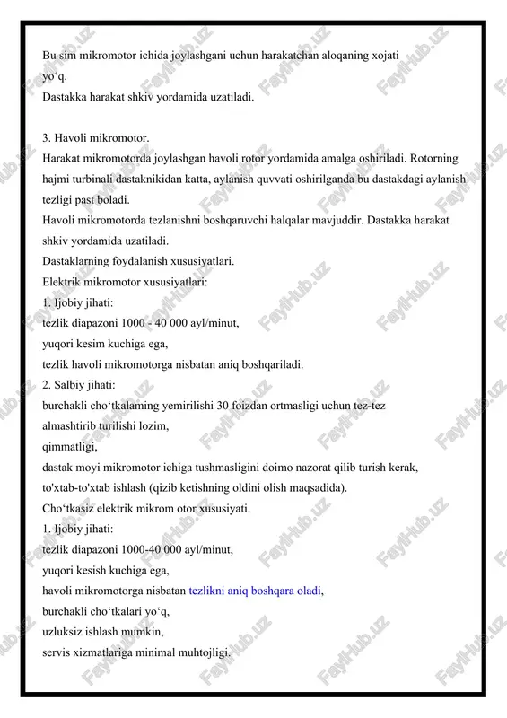 y jihati: elektr mikromotorlarga nisbatan kesish kuchining kamligi, tezlik diapazoni 4000 - 25000 ayl/minut, elektr mikromotorlarga nisbatan tezlikni boshqarish noaniqligi. vizual tashxis qo‘yishda qo‘llaniladigan dastaklar. bu dastaklardan tekshirish jarayonida foydalaniladi. ular tashqaridan (yuzani tekshirish), shuningdek ichkaridan (tish to‘qimalarini yoritish maqsadida) ishlatiladi. burchakli dastak - ular ikki xil bo‘ladi: bosh ishchi qismi mahkamlangan va aylanma boshchali. bosh ishchi qismi dastak yordamida tishsimon birlashma bilan birikadi, gayka yoki bosma tugma richak yordamida biriktiriladi. to‘g‘ri dastak - np - 10 - u asosan, borni mustahkamlovchi va asbobni dastaga mahkamlovchi hamda bormashinadagi dastakka harakatni uzaytiruvchi qismlardan iborat (aylanish tezligi 30 000 ayl/minut). dastaklar stomatologik qurilmaga dastalar yordamida biriktiriladi. dastalar ikki xil bo‘ladi: egiluvchan yumshoq va qattiq.