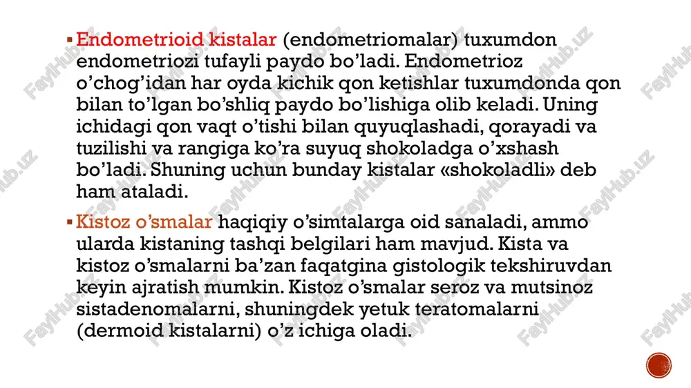 noxush alomatlar odatda oxirgi hayz davridan boshlab 3-8 hafta o’tgach paydo bo’ladi. bunga quyidagilar kiradi:  og’riq. u simillovchi, to’lg’oqsimon yoki kesuvchi tabiatli bo’lishi mumkin. og’riq qorinning pastki qismida, bir tomonda seziladi, qorin bo’shlig’iga qon quyilganda esa orqa chiqaruv teshigi, epigastral mintaqa va yelkalarga tarqalishi mumkin. peshob chiqarish va defakatsiya jarayoni ham og’riqli bo’lishi mumkin asoratlari  qon ketishi. ektopik homiladorlik paytida qon tomirlarning shikastlanishi natijasida qon odatda qorin bo’shlig’iga quyilsa ham, ko’pincha progesteron darajasining pasayishi tufayli bachadondan qon ketishi ham kuzatiladi. bu holat hayz ko’rishga o’xshashi mumkin, ammo ko’p hollarda ajralmalar miqdori oz bo’lib, uzoqroq davom etishi bilan ajralib turadi. bachadondan ko’p miqdorda qon ketishi juda kam uchraydi;  shok. ko’p hajmda qon yo’qotishda hushni yo’qotish, teri rangning oqarishi, qon bosimining pasayishi va tez-tez zaif puls kuzatilishi mumkin. tashxislash  hayzning kechikishi, og’riqlar va qonli ajralmalar kuzatiladigan barcha holatlarda ektopik homiladorlikdan shubha qilish kerak. shok belgilari, homiladorlik testining ijobiy …