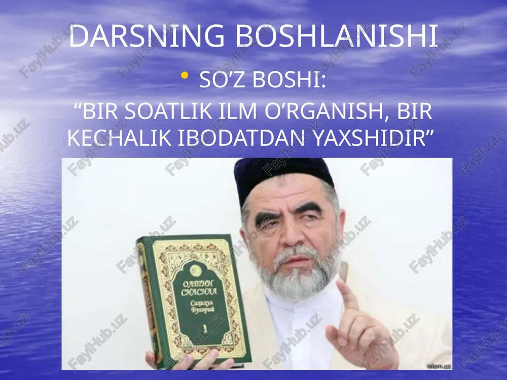 ) “venn” diagrammasi agradagi humoyun maqbarasi uyga vazifa: imom al-buxoriy hayoti va ijodini o’rganish e’tiboringiz uchun rahmat! image3.jpeg image4.gif image5.png image6.jpeg image7.jpeg image8.jpeg image9.jpeg image10.jpeg image11.jpeg image12.emf image13.jpeg image14.jpeg image15.jpeg image16.jpeg image17.jpeg image18.jpeg image19.jpeg image20.jpeg image1.jpeg image2.jpeg theme 1b 2 u 3x 4o 5 r 6i 7 y 6.10 yoshida o'z yurtinig qaysi olimlarining hadis to'plamlarini yod bilgan? 7.buxoriy asarlaridan biri qaysi asarlarida keltirilgan? u y g a v a z i f a: k r o s s v o r d 1.buxoriy shogirdlardan biri 2.buxoriy ustozlarning soni 90 talar atrofida bo'lgan deb ma'lumot bergan al hakimiyning yurti qayer bo'lgan. 3.qaysi ustozlari bilan hadis rivoyatchilari haqidagi qizg'in bahslarda qatnashgan? 4.16 yoshli buxoriy onasi va akasi bilan qaysi shaxarga yo'l olgan? 5.arab tarixchisi shamsuddin az -zahabiyning qaysi asarida , at-termiziy o’z ustozining vafoti tufayli qattiq qayg’uga botib “ko’p yig’laganidan hatto ko’zlari ko’r bo’lib qolib , uzoq yillar ko’zi ojiz holda …