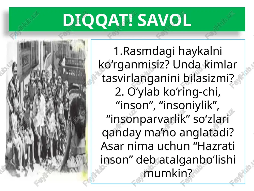 miz?.. zarur bo‘lsa, hech tortinmay biznikiga yuboravering. – o‘zim borarman. – juda yaxshi. hech tortinmang. topganimizni o‘rtaga qo‘yamiz,– dedi kulib. mahkam aka u bilan xayrlashib, galyani ko‘tarib oldi. nazarova eshikkacha kuzatib qo‘ydi. abram bilan vitya yonma-yon borishardi-yu, gaplashishmasdi. galya sevinganidan abramga qo‘lini silkib qo‘yardi. katta ko‘chaga chiqishganda, vitya galyaga dedi: – tush endi, dadamni charchatib qo‘yasan. mahkam aka o‘g‘lining gapini hazilga burib, galya tilidan: – charchatmayman. qushdek yengilman, o‘zim zo‘rg‘a dadamni topib oldim-u, – dedi-da, galyaga ko‘zini qisib qo‘ydi. qizcha sevinib, mahkam akaning bo‘ynidan qattiq quchoqlab oldi. lug‘at to‘rsayib –qovoq solib,tumshayib et-beting –u yer-bu yering(shevada) fashist –o‘z xalqini boshqa xalqlardan ustun,hukmronlik qilishga haqli deb hisoblaydiganlar. fashizm tarafdorlari ikkinchi jahon urushi boshlanishiga sababchi bo‘lishgan. hovur – bug‘ juvon –yosh ayol azot –tik muhokama qilamiz 1. urush yillaridagi og‘ir sharoitga qaramay, mahkam akaning ota- onasidan ayrilgan bolalarni o‘z oilasiga qabul qilishi sababi nimada deb o‘ylaysiz? 2. vitya, galya va abram xarakterlari o‘rtasida …