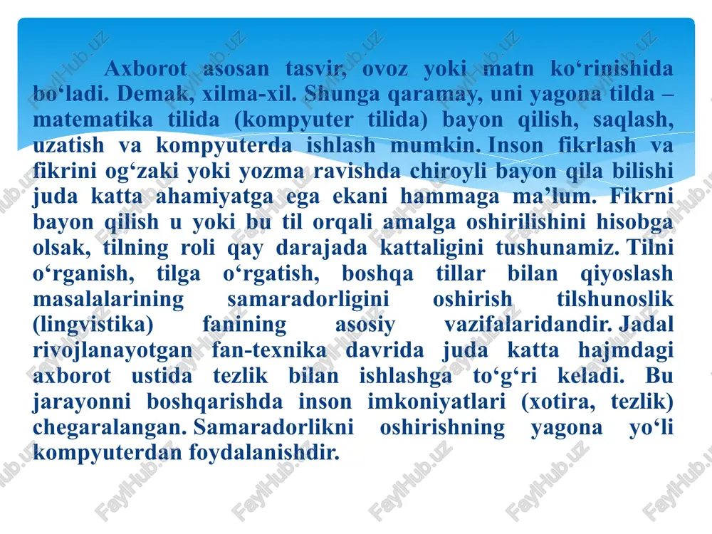 telekadrlar, animasiya va boshqalar), turlarini bir dasturiy maxsulotda integrasiyalaydi. bunday integrasiya axborotni ruyxatdan utkazish va aks ettirishning turli qurilmalari, muayyan vaqtdagi ish, o’z tabiatiga ko’ra statik bo’lgan matn va grafikadan farqli ravishda, audio va videosignallar faqat vaqtning ma’lum oralig’ida ko’rib chiqiladi. video va audio axborotlarni kompyuterda qayta ishlash va aks ettirish uchun markaziy prosessor tez xarakatchanligi, ma’lumotlarni uzatish shinasining o’tkazish qobiliyati operativ va video-xotira, katta sigimli tashqi xotira, xajm va kompyuter kirish-chiqish kanallari bo’yicha almashuvi tezligini taxminan ikki barovar oshirilishi talab etiladi, “inson-kompyuter” interaktiv muloqotining yangi darajasi, bunda muloqot jarayonida foydalanuvchi ancha keng va xar tomonlama axborotlarni oladiki, mazkur xolat ta’lim, ishlash yoki dam olish sharoitlarini yaxshilashga imkon beradi multimedia vositalari asosida o’quvchilarga ta’lim berish va kadrlarni qayta tayorlashni yo’lga qo’yish xozirgi kunning dolzarb masalasidir. multimedia tushunchasi 90-yillar boshida xayotimizga kirib keldi. uning o’zi nima degan savol tug’ladi? ko’pgina mutaxasislar bu atamani turlicha tahlil qilishmoqda. bizning fikrimizcha, mul’timedia bu informatikaning …