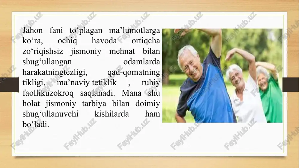 ni o*z ichiga oladi. bu yoshdagi kishilar shaxslararo munosabatlarda boshqa yoshdagi kishilardan ajralib turadi. ularni shartli ravishda ikki guruhga bo'lish mumkin: 1) mutlago istefoga chiqqan, ijtimoiy faol bo' lmagan erkak va ayollar; ° 2) nafaqaga chiqqan erkak va ayollar, lekin ijtimoiy hayotning turli sohalarida faoliyat ko'rsatayotgan keksalar. ©} el keksalik davri 75-90 davrlarni o'z ichiga oladi. keksalar jismoniy va aqliy faollikka moyil hamda passiv turmush tarziga -ko‘nikkan-qariyalar-guruhiga ajratish. mumkin. biologik garish, psixik jarayonlar, holatlar, xususiyatlar va xatti-harakatlarda keskin o’ zgarishlarni vujudga keltiradi. sezgi organlari zaiflashadi, asab tizimi kuchsizlanadi. ma‘ lumotlarni qabul qilish, ularni qayta ishlash, mohiyatini anglash hamda ongni biror bir obyektda uzoq muddat ushlab turish qiyinlashadi. ke] 1. 70 dan 80 gacha bo'lgan keksalarda xotira ( mexanik xotira) zaiflashadi; > 2.70 dan 80 gacha bo'lgan keksalarda mantiqiy-ma noli xotirada miqdorning ahamiyati saqlanadi; fte ee fray ee >3. obrazli xotira zaiflashadi; >» 4.70-89¢acha yoshlarda xotiraning barqarorlik negizida ma‘noning ichki alogadorligi …