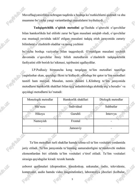 hi maqsadga muvofiqdir. og'zaki bayon qilish metodlari xikoya suxbat tushuntirish maruza hikoya qilinayotgan materialni samaralash maxsus reja asosida amalga oshiriladi. o’qituvchi har bir darsda uning maqsadini aniq belgilab oladi, undagi asosiy tushunchalarga alohida urg’u berishga e‘tiborni qaratadi. hikoya hisha (5-10 daqiqa), shu bilan birga o’quvchilarda his-hayajon va mavzuga nisbatan qiziqishni uyg’otishi kerak. bu holat hikoyani boshqa ta‘lim metodlari (xususan, namoyish yoki muammoli bayon etish va hokazolar) bilan birga solishtirganda ro’y berishi mumkin. suhbat – savol va javob shaklidagi dialogik ta‘lim metodi bo’lib, u fanga qadimdan ma‘lum, xatto undan o’z faoliyatida suqrot ham mohirona foydalangan. suhbat ta‘lim jarayonida ko’p funksiyalar (aqliy fikrlash, hozirjavoblik, muloqot madaniyati va boshqa sifatlarni shakllantiradi) bajaradi, ammo asosiysi o’quvchida faollikni yuzaga keltiradi. suhbat o’qituvchi fikriga mos harakat qilish, natijada yangi bilimlarni bosqichma-bosqich egallashga imkon beradi. suhbat – faoliyatini endigina boshlagan o’qituvchi uchun murakkab ta‘lim metodi hisoblanadi, binobarin, savollarni tayyorlash, ularning ketma-ketligini ta‘minlash ko’p vaqt talab etadi, uni …