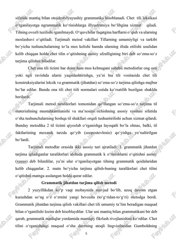 mobaynida mavjud bo‘lib, uzoq davom etgan kurashdan so‘ng o‘z o‘zrnini yangi bevosita (to‘g‘ridan-to‘g‘ri) metodga berdi. grammatik jihatdan tarjima qilish vakillari chet tili umumiy ta’lim beradigan maqsad bilan o‘rganilishi lozim deb hisoblaydilar. ular uni mantiq bilan grammatikani bir deb qarab, grammatik mashqlar yordamida mantiqiy fikrlash rivojlanishini ko‘rdilar. chet tilini o‘rganishdagi maqsad o‘sha davrning atoqli lingvistlaridan gumboldning so‘zlarida o‘zining yaxshi ifodasini topgan: “ommaviy o‘qitish seksiyasida tillarni o‘qitishda shunday uslubni qo‘llash lozimki, til unutilsa hamtilni xotirada saqlanib qolgan qismini butun hayotga foydali qilib saqlab qoladi, bunda nafaqat xotiranigina emas, balki aqlni o‘stirish uchun, hukmlarni tanqidan tekshirish va umumiy dunyoqarashni shakllantirish amalga oshiriladi. tilni o‘qitishdan maqsad – bu uning umumiy strukturasi haqida bilimlarni xabar berishdir”. grammatik jihatdan tarjima qilish metodi vakillari quyidagi qoidalarni o‘rtaga tashladilar: 1. chet tilini o‘qitish asosida asl tilni aks ettirgani uchun yozma nutq qo‘yilgan bo‘lishi lozim. 2. kurs asos (boshi)ga grammatika qo‘yiladi, grammatika o‘qitishning asosiy predmeti hisoblanadi va kursning tuzilishi …