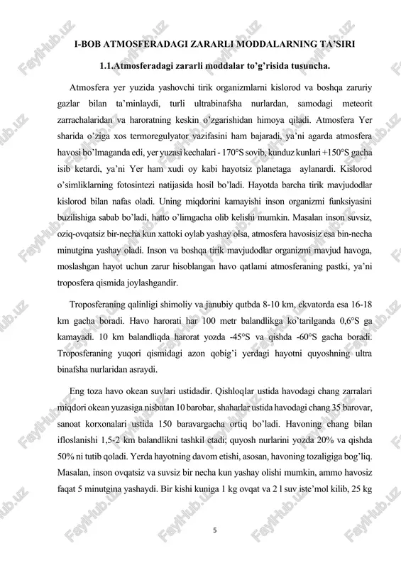 kuniga 1 kg ovqat va 2 l suv iste’mol kilib, 25 kg havoni nafas olish uchun sarflaydi. shuning uchun ham havoning ifloslanishiga yo’l qo’ymaslik kerak. toza havo faqat inson uchungina emas, balki hayvonot va o’simlik dunyosi, antibiotiklar, yarimo’tkazgichlar, aniq o’lchagich asboblarini ishlab chiqaradigan sanoat tarmoqlari uchun ham zarurdir. atmosfera havosi turli gazlarning mexanik aralashmasidan iborat bo’lib gaz holidagi azot (78,9%), kislorod (20,1%), argon (0,94 %), karbonat angidrid (0,06%) dan iborat bo’lib, vodorod, neon, geliy, kripton, metan va boshqalarni yig’indisi 0,01% ni tashkil etadi. bundan tashqari atmosferada suv bug’lari, chang zarrachalari, sanoat korxonalari chiqindilari yoqilg’i mahsulotlarining chala yonishidan hosil bo’ladigan qurumlar mavjud. sanoatning jadal rivojlanishi, turli yoqilg’ilarning yondirilishi, o’rmonlarning kamayishi, okean suvlarining neft mahsulotlari bilan ifloslanishi, yadro qurollarining portlatilishi natijasida atmosferadagi kislorod miqdorining keskin kamayib, karbonat angidridi va azot oksidlari miqdorining oshishi kuzatilmoqda. agar karbonat angidridi miqdori oshib boraversa, atmosferaning ifloslanishini oldi olinmasa yana 50 yildan so’ng yer yuzasining harorati 1,5-4,5°s …