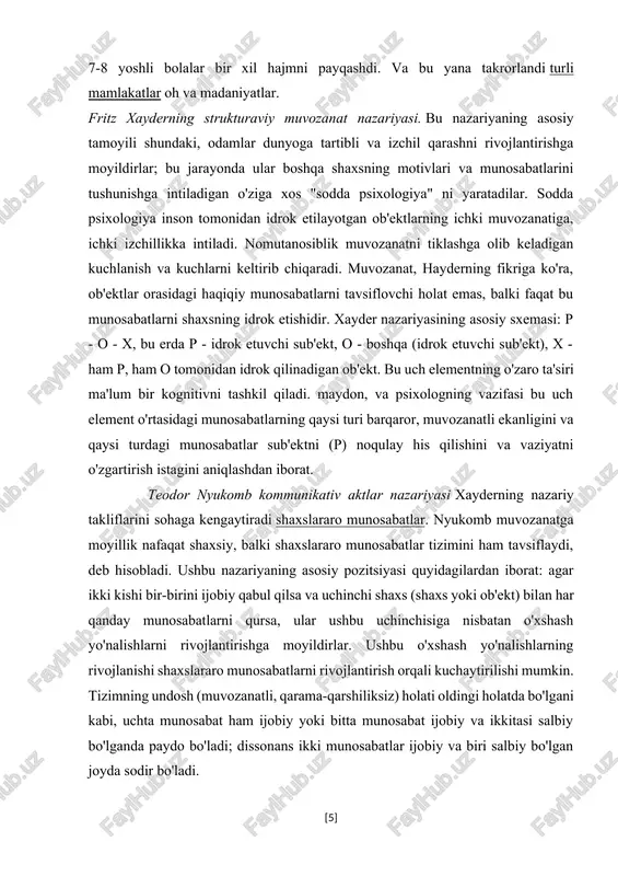 hash yo'nalishlarni rivojlantirishga moyildirlar. ushbu o'xshash yo'nalishlarning rivojlanishi shaxslararo munosabatlarni rivojlantirish orqali kuchaytirilishi mumkin. tizimning undosh (muvozanatli, qarama-qarshiliksiz) holati oldingi holatda bo'lgani kabi, uchta munosabat ham ijobiy yoki bitta munosabat ijobiy va ikkitasi salbiy bo'lganda paydo bo'ladi; dissonans ikki munosabatlar ijobiy va biri salbiy bo'lgan joyda sodir bo'ladi. leon festingerning kognitiv dissonans nazariyasi bu, ehtimol, keng doiradagi odamlar uchun eng mashhur kognitiv nazariyadir. unda muallif hayderning ob'ektning dunyoning kognitiv xaritasi elementlari o'rtasidagi muvozanat va nomutanosiblik munosabatlariga oid g'oyalarini rivojlantiradi. ushbu nazariyaning asosiy pozitsiyasi quyidagilardan iborat: odamlar istalgan ichki holat sifatida qandaydir ichki izchillikka intilishadi. biror kishi bilgan narsasi yoki u bilgan narsasi va qilayotgan ishlari o'rtasida ziddiyat yuzaga kelgan taqdirda, odam sub'ektiv ravishda noqulaylik sifatida boshdan kechiriladigan kognitiv dissonans holatini boshdan kechiradi. bunday noqulaylik holati uni o'zgartirishga qaratilgan xatti-harakatlarni keltirib chiqaradi - inson yana ichki ziddiyatga erishishga intiladi. dissonans yuzaga kelishi mumkin: mantiqiy nomuvofiqlikdan (barcha odamlar o'lgan, lekin a abadiy …