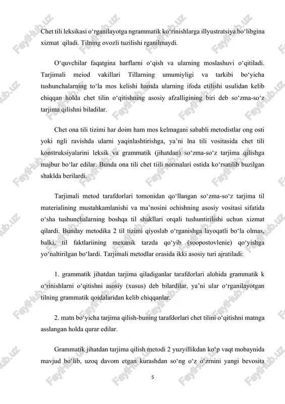 ilgan bo‘lishi lozim. 2. kurs asos (boshi)ga grammatika qo‘yiladi, grammatika o‘qitishning asosiy predmeti hisoblanadi va kursning tuzilishi va leksik tanlab olish(tanlov)ni aniqlaydi. 3. mantiqiy fikr yuritish jarayonining tashuvchilari (veduo‘ie) sintez va deduksiya deb qabul qilinadi, shuning uchun ham o‘quvchilar grammatik qoidalar va so‘zlarni o‘rganish, keyin esa shu asosda jumlalar tuzish taklif qilinadi. 4. gramatik shakl va so‘zlarning ma’nolarini ochishning asosiy usuli so‘zma-so‘z tarjima qilish hisoblanadi, zero barcha tillar umumiy grammatikaga egava turli tillarning so‘zlaribir-biridan harflarning turli kombinatsiyasi bilan farq qiladi. 5. til materialining o‘zlashtirilishi tarjima va mexanik yodlab olish vositasi bilan amalga oshishi lozim. 6. chet tili so‘zlarini kon.tekstdan tashqari holatda yodlab borish tavsiya qilinadi. , zero, birinchidan, ular ona tilining so‘zlaridan faqatgina shakl bo‘yicha (ma’no hajmi va ularning muvofiq kelishi hisobga olinmas edi) farqlanadilar. ikkinchidan esa o‘rganilgan grammatik ko‘rinishni illyustirivka qilishlariga ko‘ra muhimdir. pedagogik jarayon quyidagi shaklda olib borilgan: o‘quvchilarga grammatik qoidani, undan so‘ng esa ularning oa tilidagi tarjimasi …