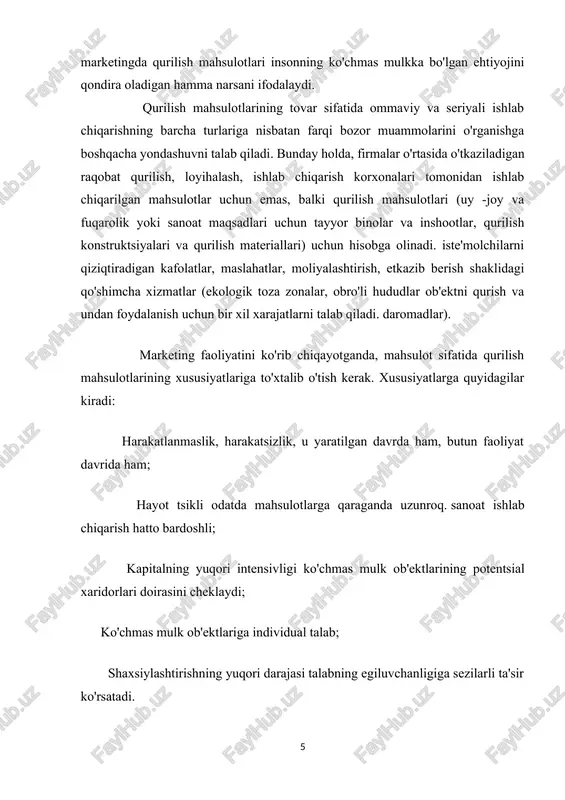 r qurilish mahsulotlarini sotish marketingi. bozor tadqiqotlari, tovarlarni yaratish va sotish strategiyasini ishlab chiqish, reklama va sotish usullari qurilish sohasidagi marketing faoliyatining har bir yo'nalishi bo'yicha alohida amalga oshiriladi. mahsulot sifatida qurilish mahsulotlari quyidagilarga bo'linadi. sanoat maqsadlari uchun qurilish mahsulotlari (sanoat qurilishi); ijtimoiy maqsadlar uchun qurilish mahsulotlari (qurilish muhandisligi). sanoat qurilish mahsulotlari bir -biridan farq qiladi: qayta ishlab chiqarish tsikli (yangi qurilish, texnik qayta jihozlash, ta'mirlash); moliyalashtirish manbalari (xususiy, davlat (byudjet), boshqa - jamoat tashkilotlari); hisob -kitoblarning tabiati (to'liq foydalanishga topshirilgan ob'ekt uchun, qurilish bosqichlari bo'yicha, avans to'lovi, bo'lib -bo'lib to'lash); sanoatga aloqadorlik (milliy iqtisodiyot tarmoqlari bo'yicha - sanoat, transport, savdo, aloqa); tayyorlik darajalari (qurilish loyihalari, tugallanmagan qurilish, yakka ob'ektlar, qurilish majmualari). qurilish firmasi ma'lum bir mahsulot yordamida erishmoqchi bo'lgan maqsadlarini belgilaydi. narxlarning rivojlanishiga ta'sir ko'rsatadigan eng ko'p aniqlangan maqsadlar: omon qolishni ta'minlash. bozorda ko'plab ishlab chiqaruvchilar bor, qattiq raqobat, xaridorlarning talablari tez -tez o'zgarib turadi. firma xarajatlarni qoplamaguncha narxlarni …