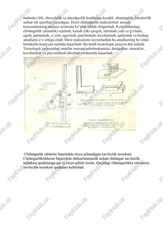 gichga ega. drellar batareya va rezetkalar bilan ishlashi mukin. shtapel, cho’tka va valiklar malyarlik ishlarini bajarishda ishlatiladi. shpatellar devor, pollarni shpaklyofka, gips bilan, sment bilan tekislashda ishlatilsa, cho’tka va valiklar bo’yash ishlarida qo’llaniladi. 4. chilangarlik ishlarida qo’llaniladigan ish asboblari. chilangarlik ishlarida rejalash va turlari, chilangarlik nazorat o’lchov va rejalash asboblari haqida va metallarni tekislash yo’llari haqida tushuncha berish; chilangarlik— mayda buyumlar (ustara, qaychi, bigiz, arra, iskana kabi ish asboblari) ni yasash kasbi; zamonaviy ishlab chiqarish sharoitida turli mexanik amallarni bajarish. chilangarlik buyumlari avval xonaki hunarmandchilik usullarida ishlab chiqarilgan. chilangarlar, asosan, oʻchoq, dam, bozgʻon, bolgʻa, ombur va boshqa asboblardan foydalangan. ular sartaroshlik, etikdoʻzlik, kavush-mahsidoʻzlik, tikuvchilik va duradgorlik kasblariga kerakli, shuningdek, binokorlik uchun ish qurollari yasashgan. hozir chilangarlik mahsulotlari asosan korxonalarning maxsus sexlarida koʻplab ishlab chiqariladi. korxonalardagi chilangarlik (slesarlik) rejalash, kesish yoki qirqish, tekislash yoki toʻgʻrilash, egish, parmalash, oʻyish, egovlash, parchinlash, kavsharlash, qalaylash va boshqa amallarni oʻz ichiga oladi. biror mahsulotni tayyorlashda …