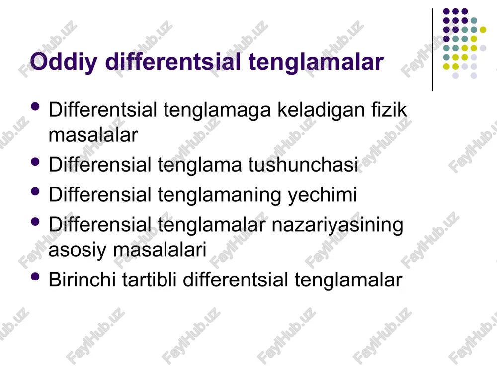 tenglamalar qaraladi va ularni yechish usullari bayon etiladi; 3) differensial tenglamalarining tatbiqlari. differensial tenglamalarning tatbiq doirasi juda keng. fan va texnikaning turli sohalaridagi (geometriya, fizika, mexanika, texnika, tabiatshunoslik va h.k) masalalar differensial tenglamalar yordamida hal etiladi. umumiy ko‘rinishga ega bo‘lgan ,,,...,0nxyyy differensial tenglamani qaraylik. faraz qilaylik, x funksiya biror oraliqda aniqlangan va uzluksiz bo‘lib, shu oraliqda ,,...,nxxx hosilalarga ega bo‘lsin . agar tenglamadagi y ning o‘rniga x , y ning o‘rniga x , y ning o‘rniga x va h.k., ny ning o‘rniga nx qo‘yilganda tenglama ayniyatga aylansa: ,,,,...,0,nxxxxx x funksiya differensial tenglamaning yechimi deyiladi. ma’lumki, birinchi tartibli differensial tenglama umumiy k o‘rinishda quyidagicha ,,0xyy ifodalanadi. bunda, x – erkli o‘zgaruvchi (funksiya argumenti) yyx – noma’lum funksiya, y esa – noma’lum funksiyaning hosilasi. bu tenglamani ga nisbatan yechilgan holi bo‘lgan ,,dyyfxyfxydx tenglamani o‘rganamiz. odatda, tenglama hosilaga nisbatan yechilgan differensial tenglama deb ham yuritiladi.