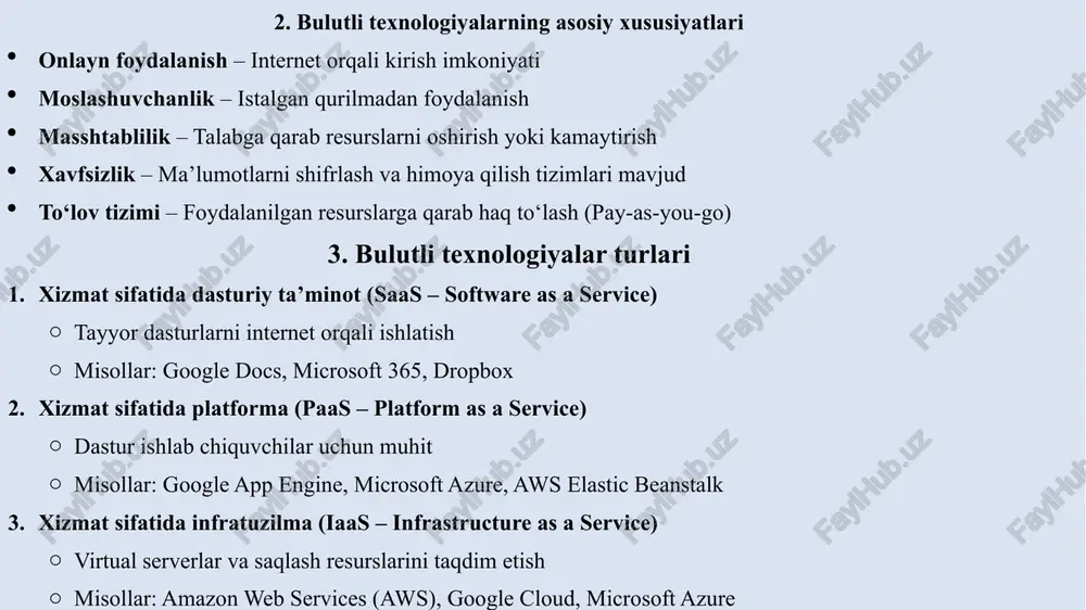 un texnik bilim talab etiladi. ✖ xavfsizlik masalalari – ma’lumotlar bulutda saqlanadi, bu esa xavfsizlikka alohida e’tibor talab qiladi. misollar: amazon web services (aws),microsoft azure, google cloud platform (gcp), ibm cloud, oracle cloud infrastructure xulosa bulutli texnologiyalar bizneslar, dasturchilar va foydalanuvchilar uchun katta qulaylik yaratmoqda. saas tayyor dasturlarni taqdim etadi, foydalanuvchilar ulardan to‘g‘ridan-to‘g‘ri foydalanishlari mumkin. paas dastur ishlab chiqish jarayonini osonlashtiradi, bu esa dasturchilar uchun foydali. iaas esa it mutaxassislariga mustaqil serverlarni boshqarish va o‘z xizmatlarini yaratish imkonini beradi. 🔹 saas xizmatlari obuna asosida sotiladi va narxlar odatda foydalanuvchi boshiga belgilanadi. 🔹 paas xizmatlarida ishlab chiqish muhiti va serverlar uchun to‘lov olinadi. 🔹 iaas xizmatlarida foydalanuvchilar virtual serverlar, ma’lumotlar bazasi, saqlash va tarmoq resurslari uchun pul to‘laydi. 2. narxga ta’sir qiluvchi omillar bulutli texnologiyalar narxlari quyidagi omillarga bog‘liq: 1) foydalanilgan resurslar bulutli xizmatlar cpu (markaziy protsessor), ram (tezkor xotira), saqlash xotirasi va internet trafik kabi resurslar bo‘yicha narxlanadi. katta hajmli …