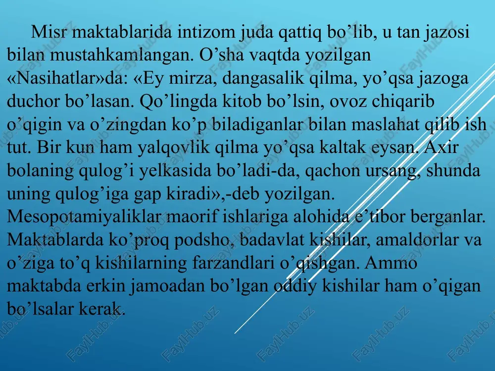 ilib bo’lmaydi, odamlar faqat o’zlarinigina bilishi, axloqni kamol toptirishi lozim deb xisoblar edi. suqrot faylasuf bo’lishi bilan birga ajoyib notiq xam edi. u keng maydonlarda so’zga chiqib, axloqa doir masalalar yuzasidan suxbatlar o’tkazar, tinglovchilarni savol-javob yo’li bilan xaqiqatni o’zlari topishlariga va bilishlariga undar, shu yo’l bilan odamlarni xaqiqatni izlashga o’rgatar edi. suxbatni bu metodi «suqrot metodi» deb yuritilgan. u pedagogika olamiga ana shunday savol-javob metodini, ya’ni «evristik» suxbat metodini yangi (savol berish va savolni to’ldirish) metodini olib kirdi. platon eramizdan ilgari (424—347 yillarda) yashagan. qadimgi yunonistonning mashxur – idealist faylasufi, suqrotning shogirdi, ob’ektiv idealizm nazariyasining asosichisi edi. u «g’oyalar dunyosi»ni birlamchi, xis qiluvchi narsalar dunyosini ikkilamchi deb xisobladi. platon olamni xodisalar dunyosi va g’oyalar dunyosi deb ikkiga bo’ldi. uning fikricha g’oyalar abadiy va o’zgarmasdir. uning nazarida, narsalar g’oyalar olamining soyasidir, xolos. afina aristokratiyasining namoyandasi bo’lgan platon, aristokratiyaning abadiy xukmronligi xaqidagi nazariyani ilgari surdi. uning fikricha ideal aristokratik davlat uch xil …