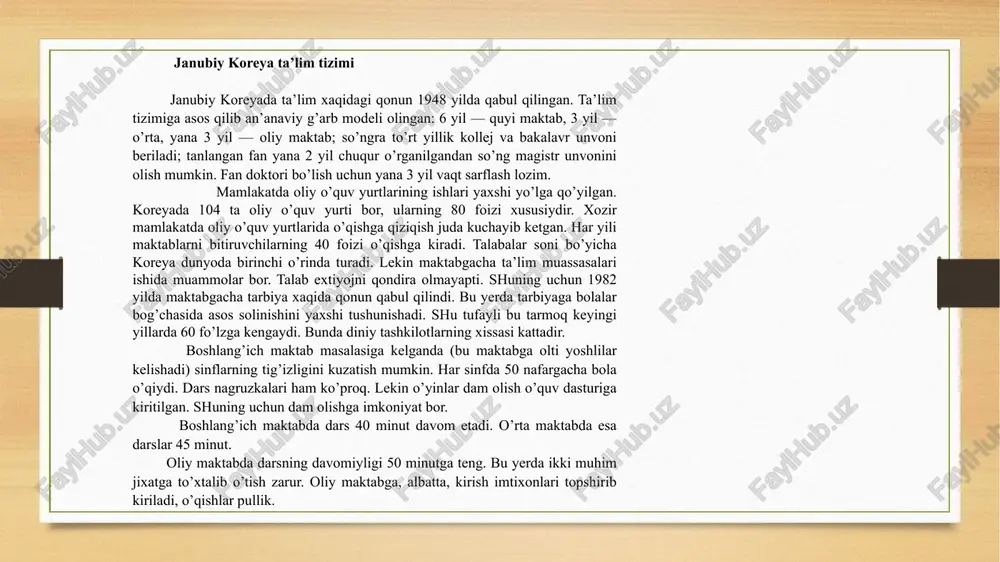 am bo’ldai. shaxsiy maktablarda boshlang’ich sinflardan boshlab estetik tarbiyaga, san’atga aloxida e’tibor beriladi. amerikada talabalar matematika va ingliz tilidan kirish sinovlarini 10-12 sinflarda o’qib yurgan vaqtlarida, o’zlariga qulay paytda topshira oladilar. amerika oliy o’quv yurtlariga kirish uchun belgilangan sinov (test)lar ikki xil bo’ladi: sat (sxolastik aptityud test); akt (amerikan kollej test) sinovlari. sat sinovlari murakkabroq bo’ladi. mashxur universitetlarga kirish uchun sat sinovlarini topshirish shart bo’ladi. bulardan tashqari murakkablashtirilgan sinov ham bor. bu sinovni oliy maktablarga kirayotgan barcha talabalar ham topshirishlari shart emas. mabodo biror talaba shu murakkablashtirilgan sinovlarni topshirib universitetga kirsa, u talabaga maxsus stipendiya beriladi. amerikaning eng katta boyligi — bu aql. aql bu mamlakatda qadrlanadi, aqlli talabalar aloxida taqdirlanadi. aqlli, a’lo’hi talabalar o’quv yurtlarining faxri sanalgani sababli ham, ularga turli yo’llar bilan yordam berish, stipendiyalar tayinlash orqali ularni o’quv yurtlarida saqlashga harakat qiladilar. o’zi tanlagan soxada yutuqlarga erishayotgan talabalar ro’yxati har yili aloxida kitobda nashr etilib turiladi. bundan …