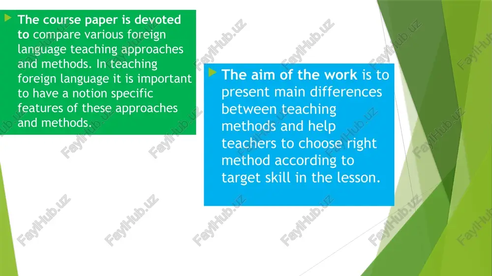 out and spoken by the teacher mainly), regarding the learners, they are expected to go from a passive to an active role. 2.1 specific features of some foreign language teaching methods within methodology a distinction is often made between methods and approaches, in which methods are held to be fixed teaching systems with prescribed techniques and practices, whereas approaches represent language teaching philosophies that can be interpreted and applied in a variety of different ways in the classroom. this distinction is probably most usefully seen as defining a continuum of entities ranging from highly prescribed methods to loosely described approaches. the period from the 1950s to the 1980s has often been referred to as "the age of methods," during which a number of quite detailed prescriptions for language teaching were proposed. teaching methods and teacher & learner roles method teacher roles learner roles situational language teaching context setter error corrector …