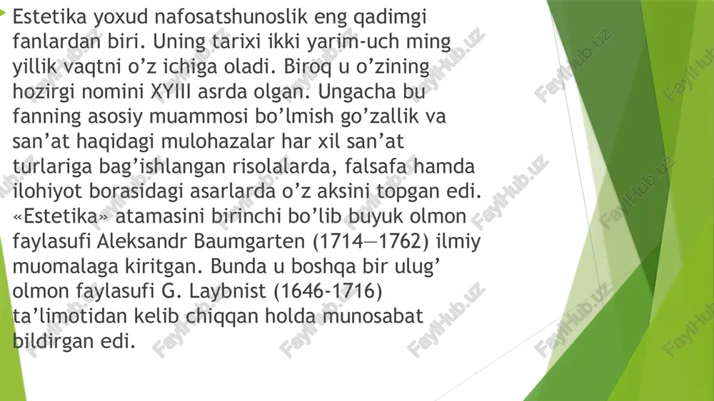 an muhabbatning obʼyekti ekanligi (gʻazoliy); goʻzallikni oddiy mantiqiy yondashuv orqali bilishimiz mumkin emasligi (forobiy) kantni, goʻzallik biz uchun oʻzini maqsad shaklida emas, maqsadga muvofiqlik shaklida namoyon etadi degan 4tamoyilni yaratishga olib keldi. kantdan soʻng nemis ratsional estetikasida shiller, shelling, gegel nazariyalarining estetika taraqqiyoti uchun ahamiyati katta boʻldi. shopengauer, nitsshe, diltey singari noratsional yoʻnalishdagi faylasuflarning estetik qarashlarida ham oʻziga xos yangi gʻoyalar ilgari surildi, mas, shopengauer estetikaga yangi — "qiziqarlilik" kategoriyasini kiritdi, nitsshe esa sanʼatni ikki — apolloncha va dionisiycha turga ajratib oʻrganishni taklif etdi. eng yangi davr estetikasida, z.freyd, ayniqsa, k.yung taʼlimotida sanʼat asari va sanʼatkorning oʻzaro munosabatlarini ruhiy tiplar asosida oʻrganilishi olgʻa tashlangan yangi qadam boʻldi. shuningdek, j.p.sartr, a.kamyu, g.marsel, x. ortega i gaset va boshqalar mutafakkirlar industrial jamiyatda goʻzallik va sanʼatning takdiri masalalari bilan qiziqdilar. hozirgi estetikaning miqyosiylashuv jarayonida texnika, tabiat va turmush estetikasiga ham jiddiy eʼtibor berilmoqda; xulqiy goʻzallik muammosi yanada muhim oʻrin egallay boshladi.oʻzbek milliy estetikasi …