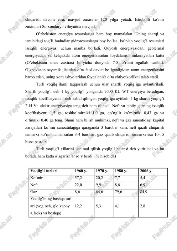 1936) trestlari tashkil qilindi. 1940 yilda respublikada neft olinadigan konlar soni 11 taga yetdi. 1941-45 yillarda yangi neft konlari (farg’ona vodiysida janubiy olamushuk, polvontosh, andijon) ochildi. oltiariq zavodi kengaytirildi. o’sha davrda respublikada neft sanoatining infratuzilmasi ham vujudga keldi. 1945 yilda 478 ming tonna neft qazib olindi, 50-yillardan neft konlarida telemehanizatsiya vositalari qo’llanildi, turbinali burgilash joriy qilina boshladi. 1959 yilda farg’ona vodiysi va surxondaryo viloyatidagi 9 neft konining o’zidan 1460 ming tonnadan ziyod neft olindi. o’sha davrda buxoro-xiva provinsiyasida topilgan neft konlari ishga tushirildi, ularning negizida neft va gaz qazib olish boshqarmasi tashkil etildi. 70-yillar boshidan ayrim neft konlaridagi zaxiralarning tugashi natijasida neft qazib olish kamaydi. yangi neft konlarini topish uchun chuqur quduqlar qazish o’zlashtirildi. voruxda 5200 m, gumxonada 5670 m, chust-popda 5805 m, mingbo’laqda 6006 m o’ta chuqur neft quduqlari bug’ilandi. 1985 yilda buxoro-xiva provinsiyasida yaxshi tarkibli yirik neft-gaz kondensatli ko’kdumaloq koni ochildi. 1993 yili farg’ona botig’ining o’ta chuqur qatlamlaridan …