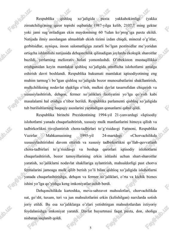 dagi ishlarning holatiga, uni rivojlantirishning tezkorligi va samaradorligiga bog’liq. respublika agrar sohasida mulkiy munosabatlarni shakllantirish, mulkchilikning nodavlat shakliga o’tish, mulkni davlat tasarrufidan chiqarish va xususiylashtirish, dehqon va fermer xo’jaliklari faoliyatini yo’lga qo’yish agrar islohotlarning muhim yo’nalishlaridir. islohotlarning ilk bosqichida mamlakat qishloq xo’jaligi barqarorligini ta’minlash va rejali iqtisodiyotdan bozor iqtisodiyotiga o’tishning dastlabki asoslari yaratildi. agrar sohada mulkni davlat tasarrufidan chiqarishga va xususiylashtirishga muhim ahamiyat berildi, 1066 ta davlat xo’jaliklari (sovxozlar) tugatilib, ular negizida jamoa xo’jaliklari tashkil etildi. chorvachilik fermalari, bog’ va tokzorlar, kichik yer maydonlari hamda issiqxonalar xususiylashtirildi. islohotlarning ikkinchi bosqichida «yer kodeksi», «qishloq xo’jaligi kooperativi (shirkat xo’jaligi) to’g’risida», «fermer xo’jaligi to’g’risida», «dehqon xo’jaligi to’g’risida»gi qonunlar va tegishli hukumat qarorlari va boshqa me’yoriy hujjatlar qabul qilindi. bunday huquqiy poydevorning yaratilishi iqtisodiy islohotlarni chuqurlashtirishga zamin yaratdi. qishloq xo’jaligida xo’jalik yuritishning bozor munosabatlariga mos keladigan shirkat, fermer va dehqon xo’jaliklari ustuvorligi belgilandi. islohotlarning uchinchi bosqichi 2000-yildan boshlangan bo’lib, u qishloq xo’jaligida tovar ishlab …