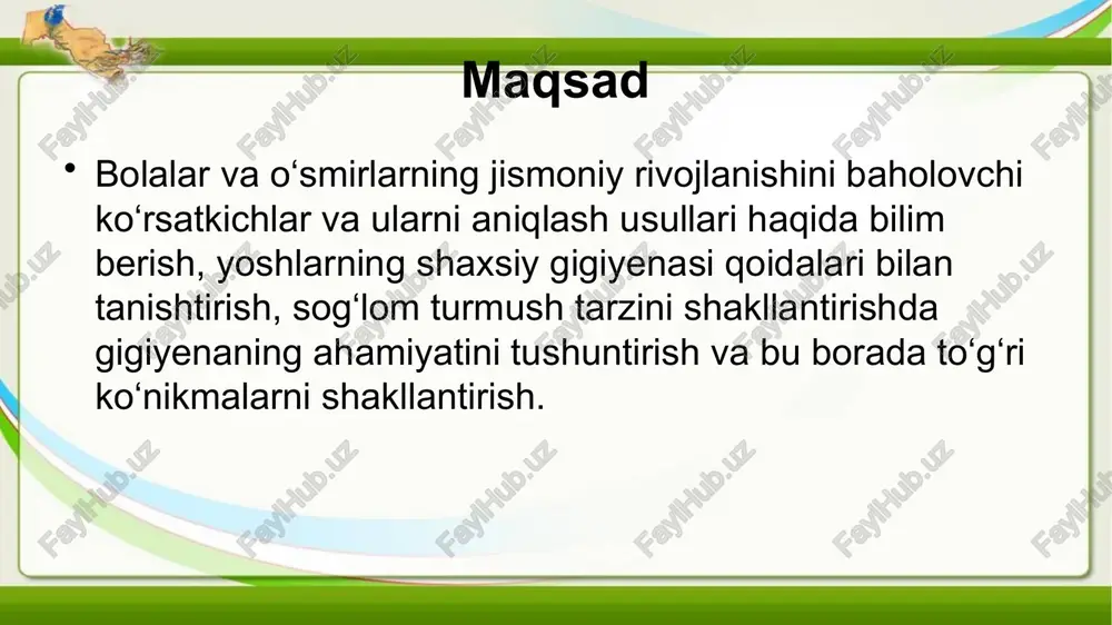 natish juda muhimdir. ekran vauchersiz va olamda o'yin o'ynashni cheklash bolalarni oshiq o'zgartirish va ekran vaucherni cheklash, ularga jismoniy rivojlanish uchun yordam bera oladi va sog'liqni saqlab turishadi. kechiktirilgan rivojlanish belgilari harakat qobiliyatlari til va kommunikatsiya jamoat va his-tuyuq rivojlanishi harakat qobiliyatlari so'nggi rivojlanishda, to'satdan, yurishda yoki narsalarni tutishda qiyinchilik ko'rsatishi mumkin. til va kommunikatsiyada kechiktirilgan rivojlanish belgilari, so'zlar miqdori cheklangan yoki gaplash uchun qiyinchilik ko'rsatishi mumkin. kechiktirilgan jamoat va his-tuyuq rivojlanishi ko'rsatishlari, ko'z bilan aloqani qurishda, hissiyotlarni ifodalashda yoki aloqalar qurishda qiyinchilik ko'rsatishi mumkin. jismoniy rivojlanishda oziq-ovqatning o'rnini baholash jismoniy o'sish uchun zarur oziq-ovqat moddalari proteinga, kalciumga va d vitaminiga o'xshash moddalarning bolalar va o'smirlarda suyagi va kasallar rivojlanishida ahamiyati katta. yomon oziq-ovqat ta'siri jismoniy rivojlanishga oziq-ovqat moddalaridan yetarli ta'mini qilmaslik yoshlarda to'qnashuv, og'riq kuchini yo'qotish va kasallarning massasini kamaytirishga olib kelishi mumkin. sog'lom ovqatlanish qarorlari olib borish strategiyalari bolalar va yoshlarda jismoniy rivojlanishni qo'llab-quvvatlash uchun mevalar, sabzavotlar va …