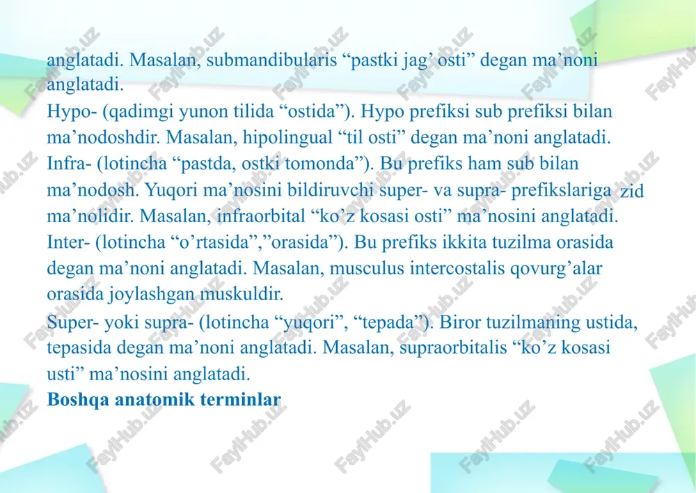 alar) (externus) tashqi-tashqarida joylashgan (internus) ichki-ichki          (dexter) o'ng  (sinister) chap  (katta) katta (katta) (ikki anatomik shaklning kattaligi bilan taqqoslanadi)  (kichik) kichik (kichik) (ikki anatomik shaklning kattaligi bilan taqqoslanadi) misol: katta va kichik pektoral mushaklar (musculi pectorales major it minor) asosiy samolyotlar (planum medianum) o'rta tekislik - inson tanasining o'rtasidan oldingi yo'nalishda o'tadi va uni 2ga deyarli bir xil yarmiga (o'ng va chap) bo'linadi. bundan tashqari, o'rta sagittal tekislik deb ataladi.  (planum sagittale) sagittal – o'rta sagittal tekislikka parallel ravishda (sagitta - boom) ishlaydigan har qanday periodontal samolyot. (planum frontale) frontal – peshonaga parallel ravishda (frontalis - frontal) va sagittal tekislikka perpendikulyar bo'lgan har qanday samolyot. (planum horizontale) gorizontal - bu samolyot sagittal va frontal tekisliklarga nisbatan perpendikulyar, chunki biz insonni vertikal holatda ko'rib chiqamiz.    asosiy anatomik eksa:  vertikal eksa (vertikal eksa) tik turgan …
