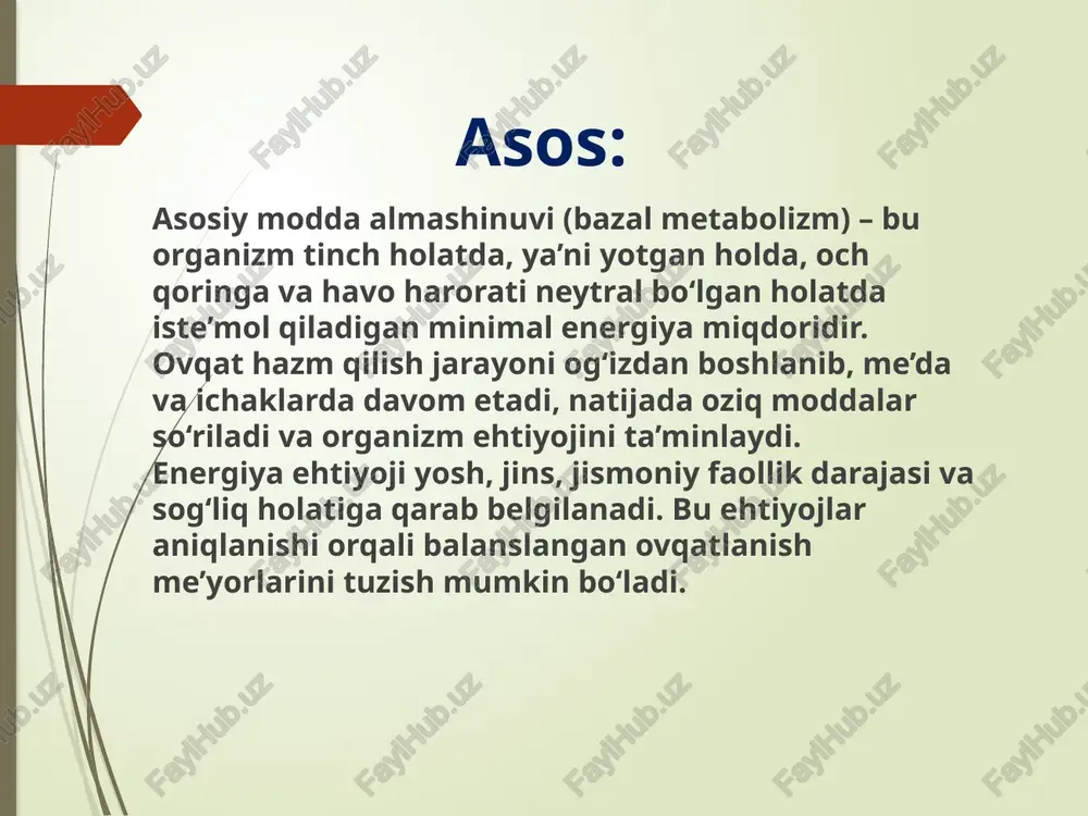 miqdori sutkalik quvvat sarflanishiga nisbatan kam bo’lganida, vaqat o’tishi bilan (hafta,oylar davomida)yog’ va oqsil (mushaklardagi) yo’qotilishi xisobiga tana massasining tanqisligi rivojlanadi.bunda oqisllar va to’plangan yog’larning parchalanishi nafaqat zaruriy quvvatning chiqishi,balki zaxarli metobolitlarning paydo bo’lib, almashinuv jarayonlarining sterssli ishlash tartibiga,inson organizmining o’z-o’zini boshqaruvchi tizmi nomuqim xolatga aylanishi bilan kechadi.kattalarda bu organizmning ximoyalovchi-moslashuvchi imkoniyatlari pasayishi va bir qator kasallik axolatlari rivojlanishiga zmin yaratsa,bolalarda o’sish va rivojlanish buzulishiga olib keladi(alimentar distrofiya). ovqat quvvatining tanqisligi, umumiy “ochlik”tushunchasi bilan tutashgan xolda assosan iqtisodiy zaif rivojlangan mamlakatlar axolisida,rivojlanayotgan mamlakatlarning ba’zi bir qashshoq qatlamlarida kuzatiladi va taraqqiy etgan mamlakatlarda kamdan-kam uchraydi. ovqat quvvatining ortiqcha bo’lishi-yevropaliklar va shimoliy amerikalikalar ovqat ratsionidagi ovqatlanish bilan bog’liq bo’lgan alimentar disbalanslardan biridir. u barcha qimmatli makronutrientlar (ayniqsa,yog’lar va oddiy uglevodlarning) o’ta ko’p iste’mol etilishi va quvvat srflanishinin pasayib,rivojlangan mamlakatlarda erkaklar 2100-2500 kkal va ayollar uchun 1800-2000 kkalni tashkil etishi bilan ifodalangandir. o’zbekiston respublikasi axolisi turli guruxlarining oziq moddalar va energiyaga bo’lgan fiziologik …